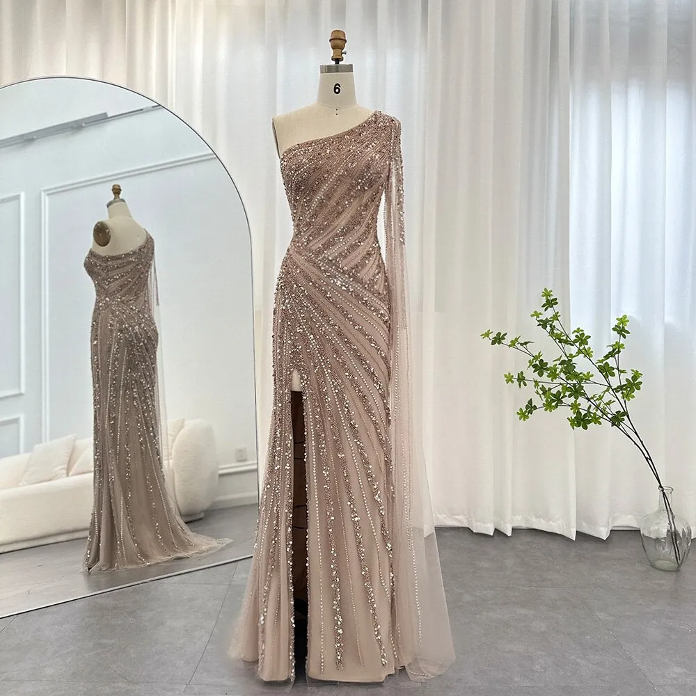 Luxury Pink One Shoulder Evening Dress with Cape Sleeve SS226