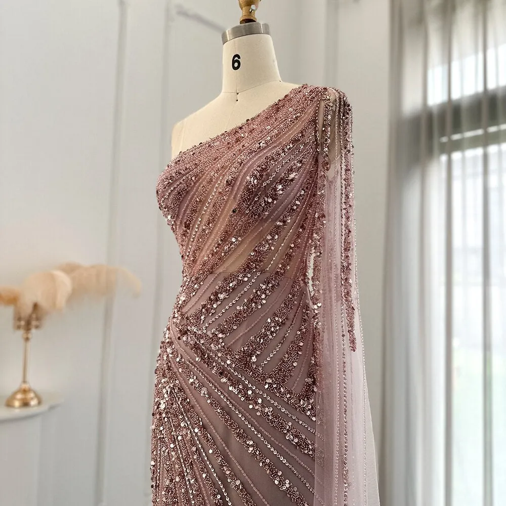Luxury Pink One Shoulder Evening Dress with Cape Sleeve SS226