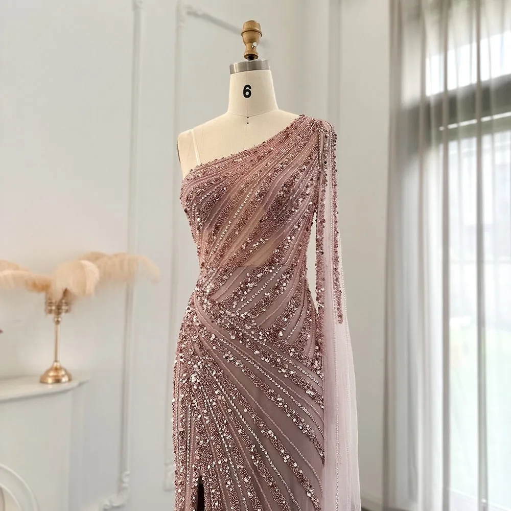 Luxury Pink One Shoulder Evening Dress with Cape Sleeve SS226
