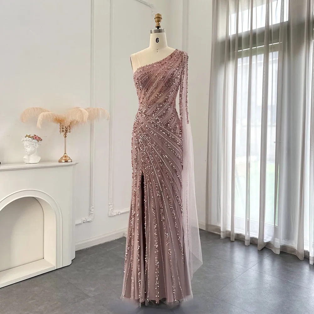 Luxury Pink One Shoulder Evening Dress with Cape Sleeve SS226