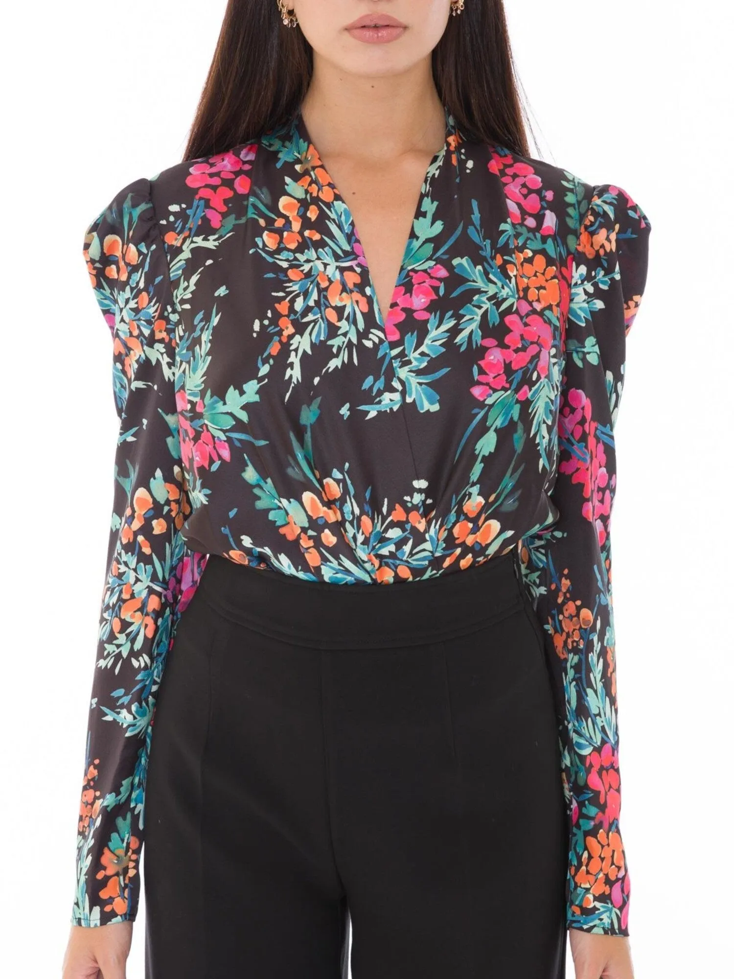 Marciano Women's Floral Long Sleeve V Neck Wrap Evening Top Black Size XS