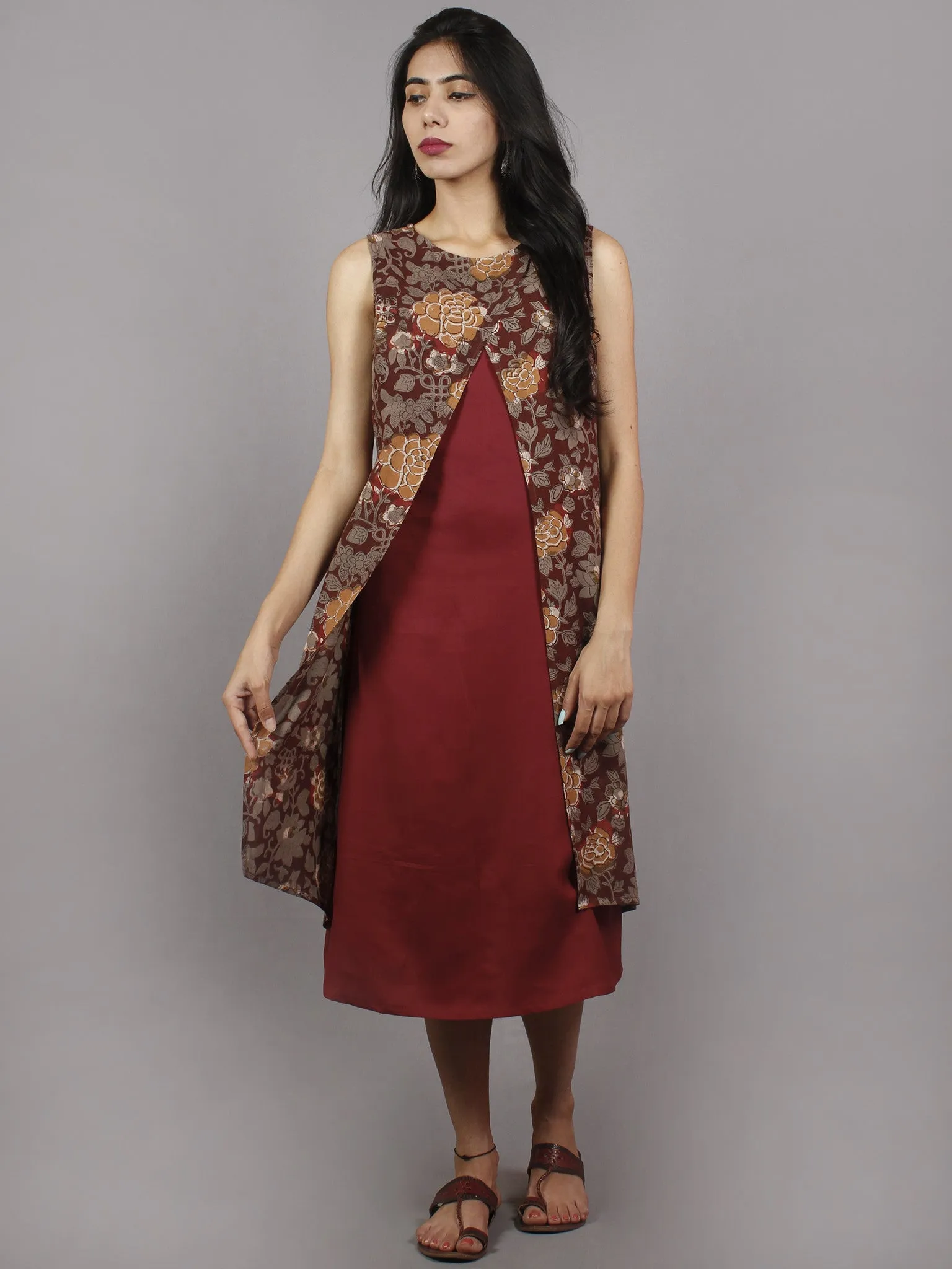 Maroon Brown Black Hand Block Printed Cotton & Rayon Sleeveless Dress  - D4361201