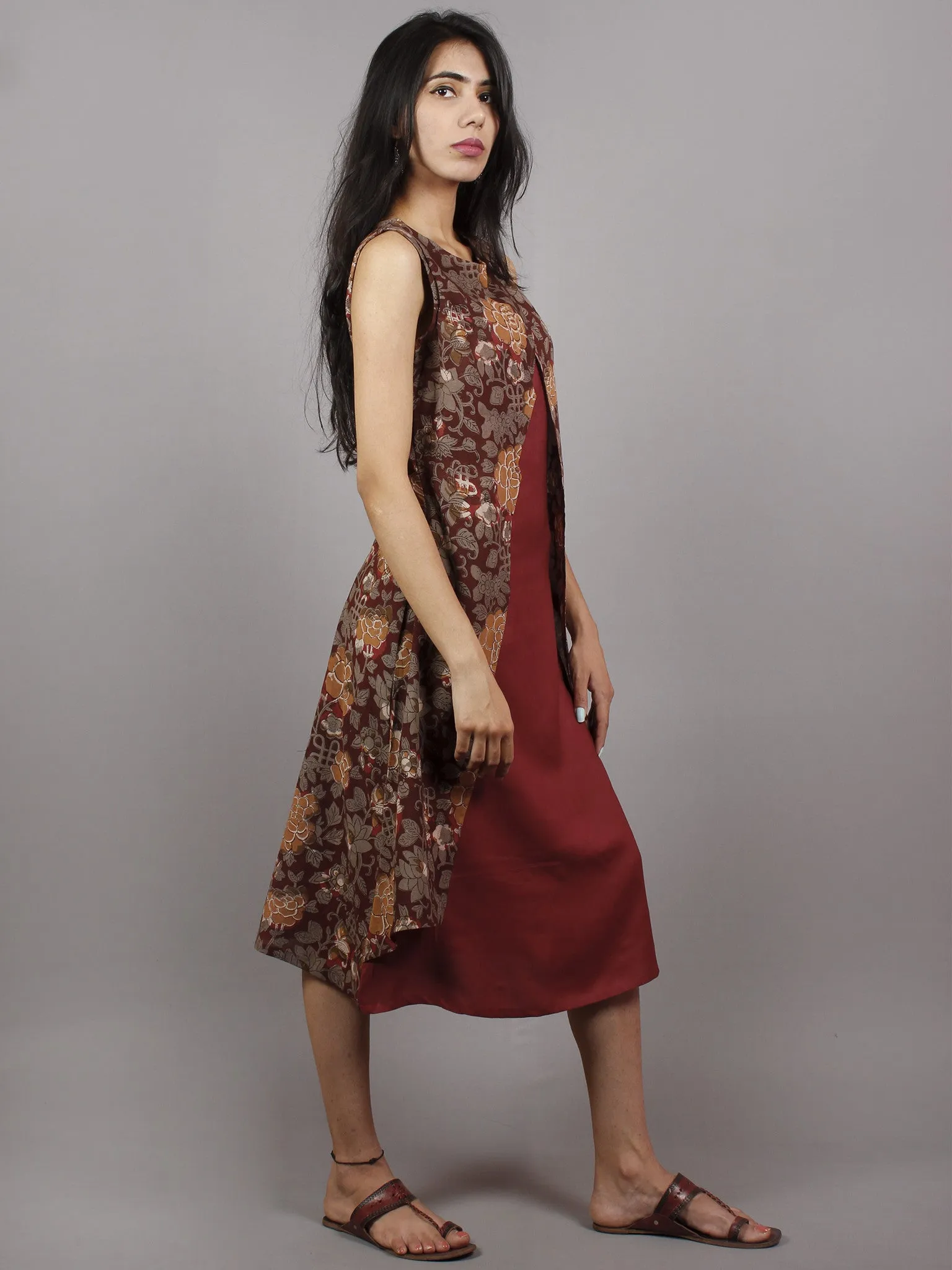 Maroon Brown Black Hand Block Printed Cotton & Rayon Sleeveless Dress  - D4361201