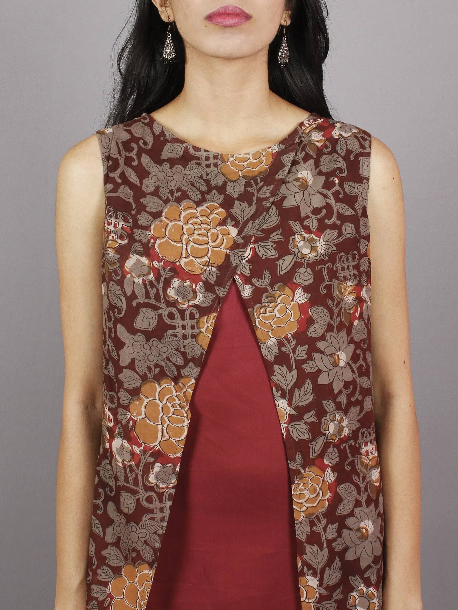 Maroon Brown Black Hand Block Printed Cotton & Rayon Sleeveless Dress  - D4361201