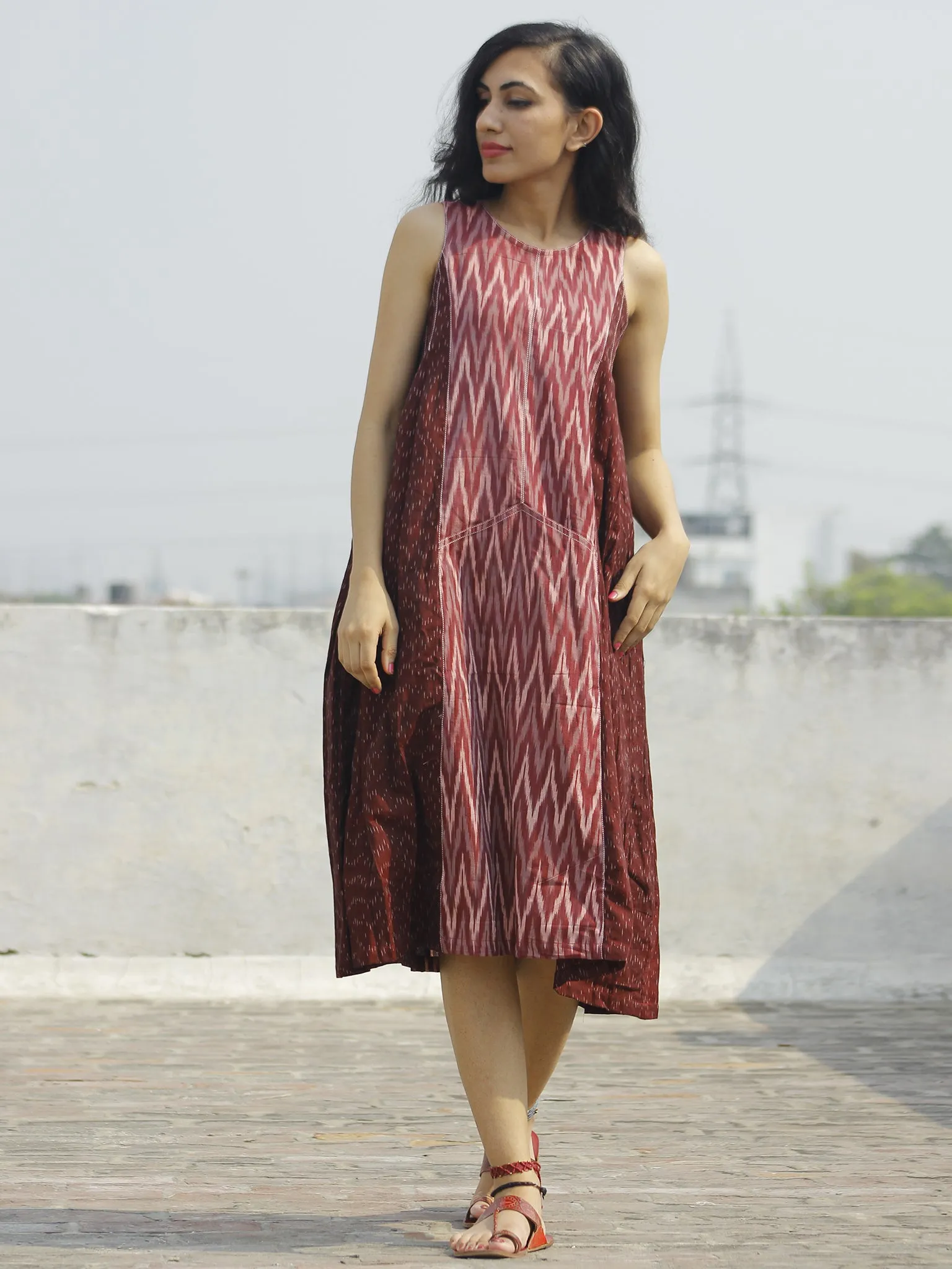 Maroon Ivory Grey Handwoven Ikat Knife Pleated Sleeveless Dress With Front Pockets-  D82F859