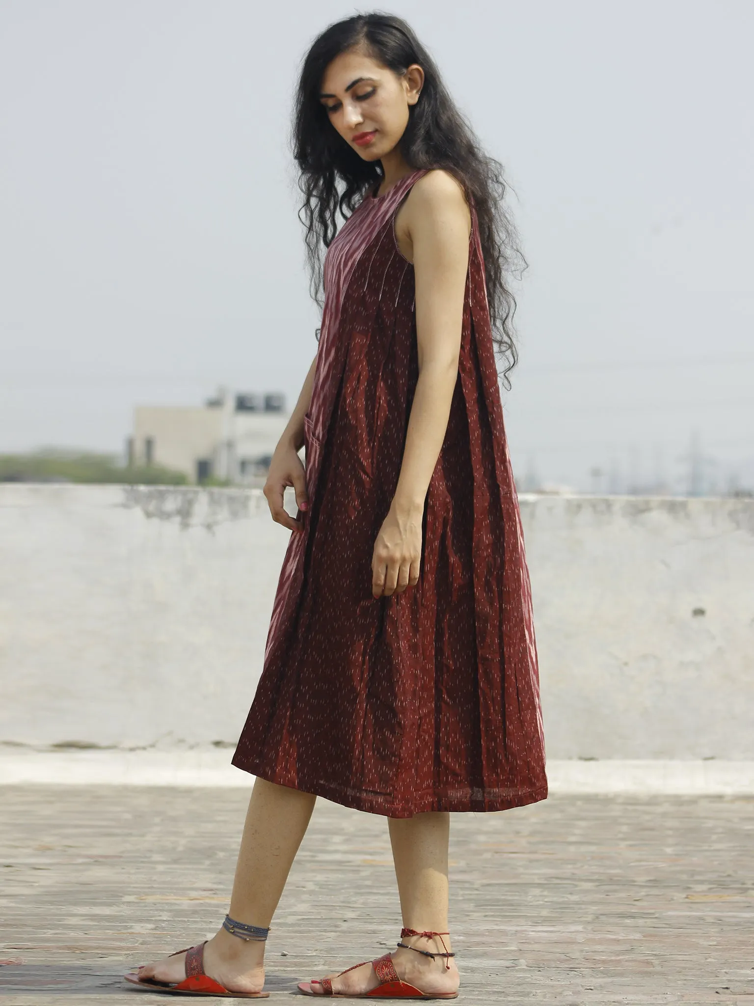 Maroon Ivory Grey Handwoven Ikat Knife Pleated Sleeveless Dress With Front Pockets-  D82F859