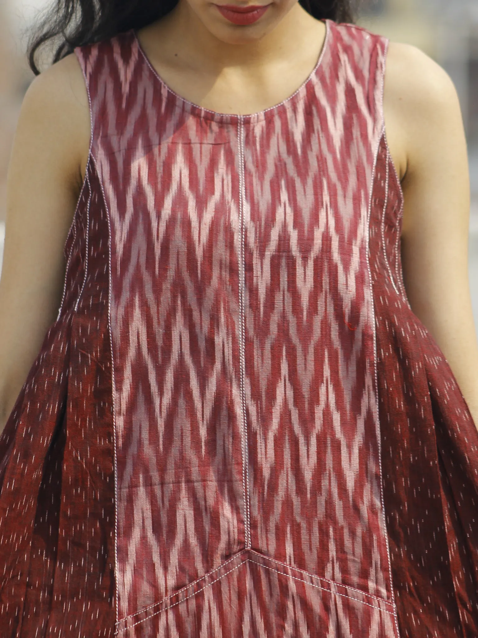 Maroon Ivory Grey Handwoven Ikat Knife Pleated Sleeveless Dress With Front Pockets-  D82F859