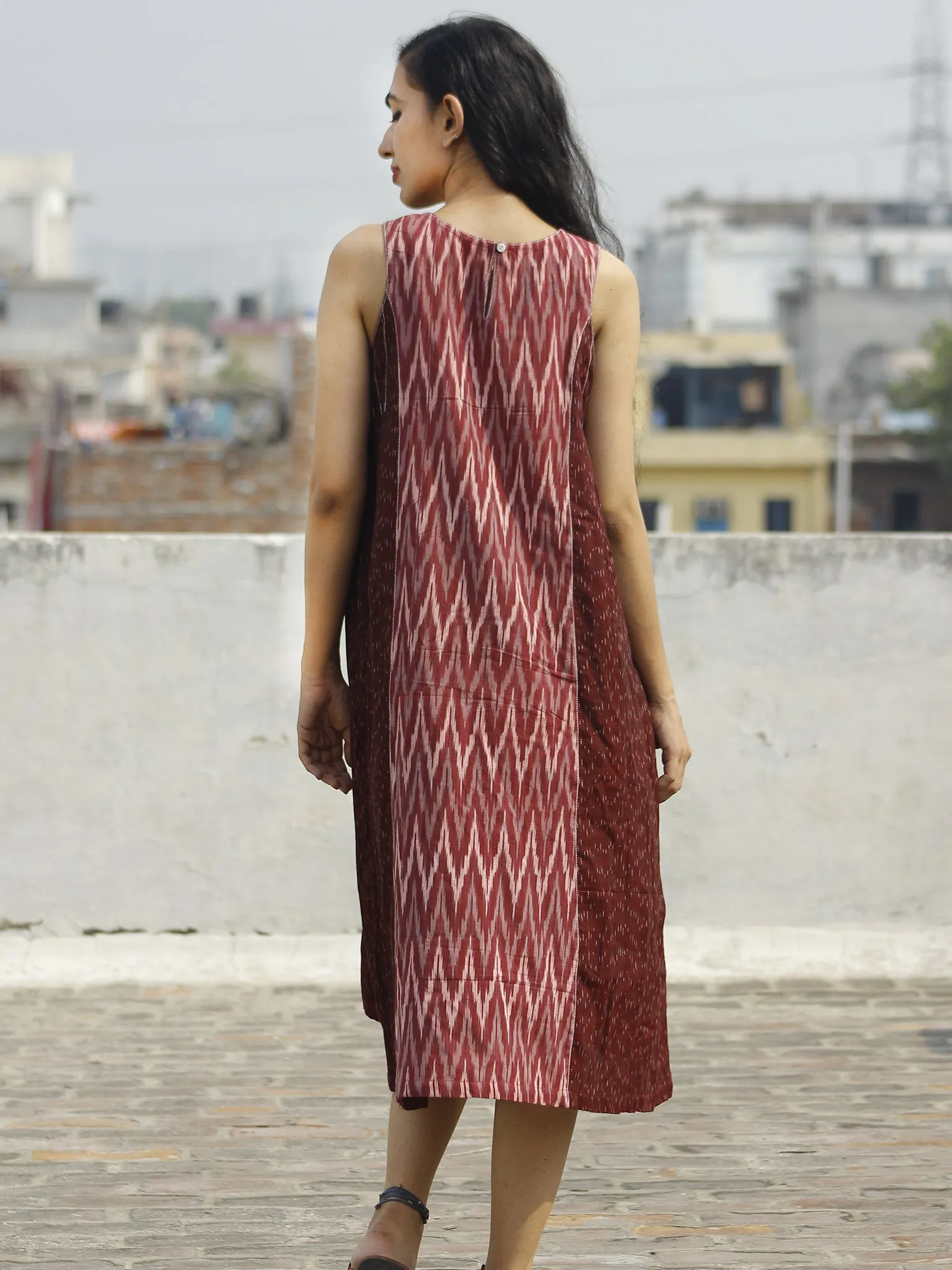 Maroon Ivory Grey Handwoven Ikat Knife Pleated Sleeveless Dress With Front Pockets-  D82F859