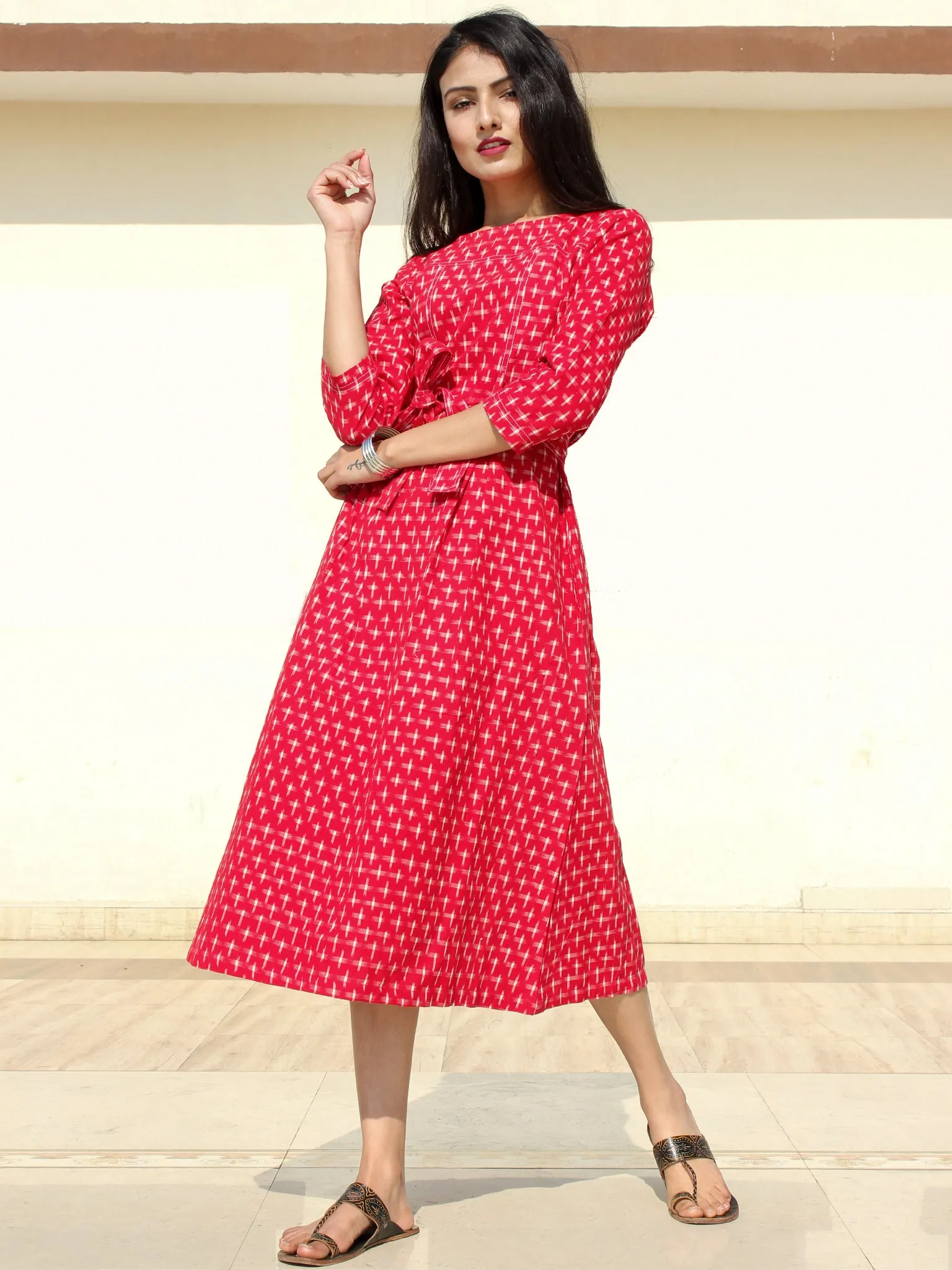 Naaz - Red White Double Ikat Cotton Midi Dress - D247F1948