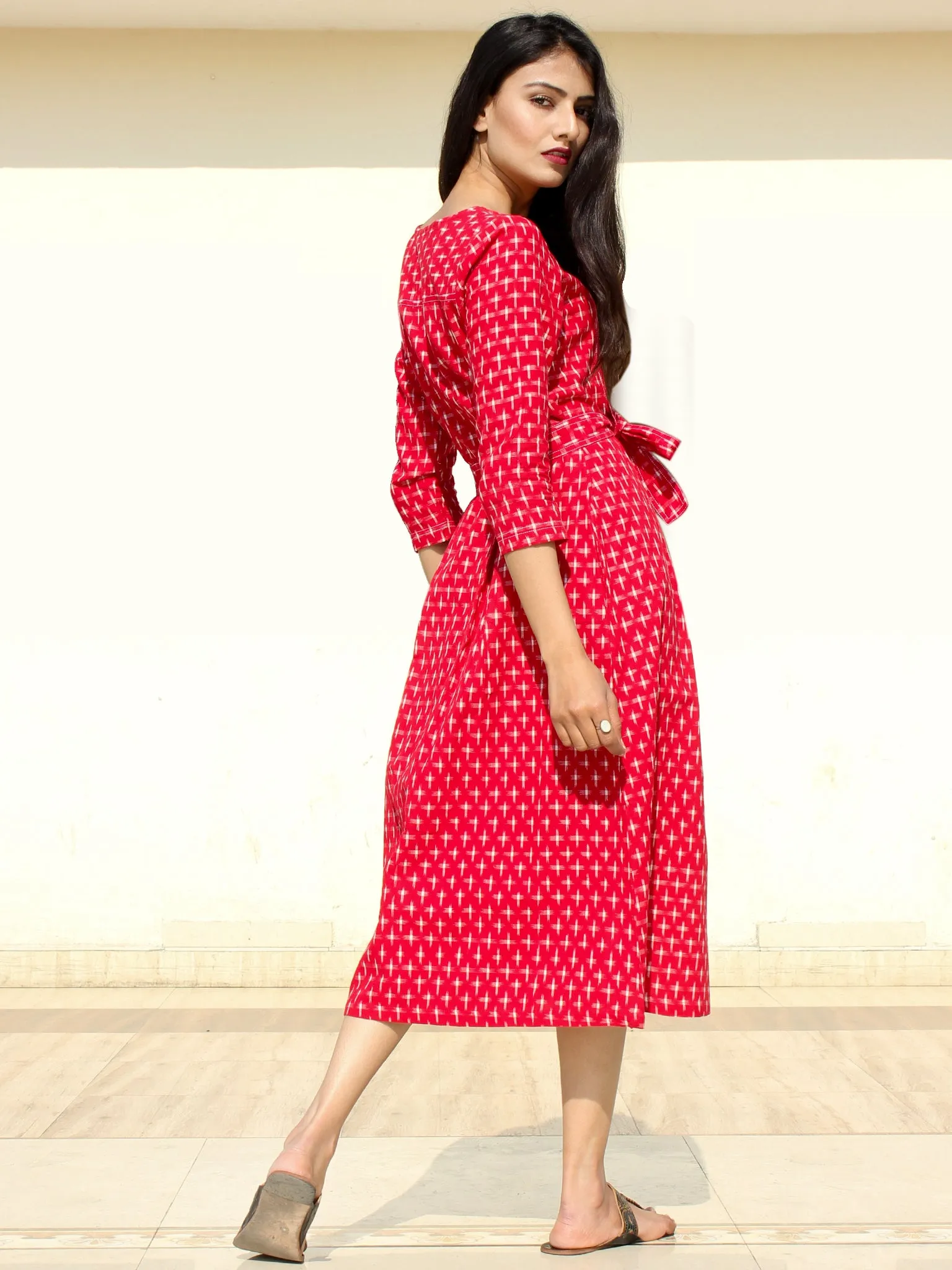 Naaz - Red White Double Ikat Cotton Midi Dress - D247F1948