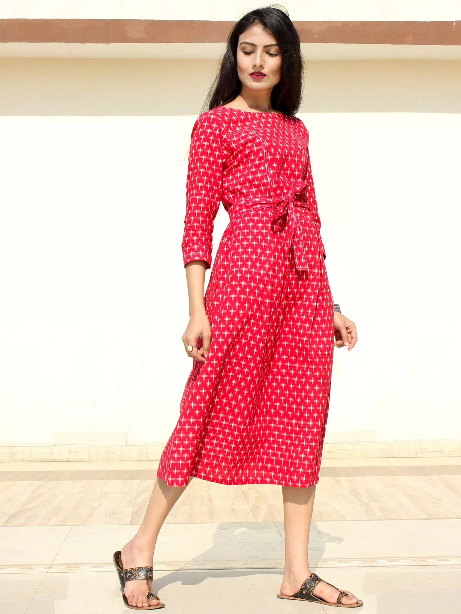 Naaz - Red White Double Ikat Cotton Midi Dress - D247F1948