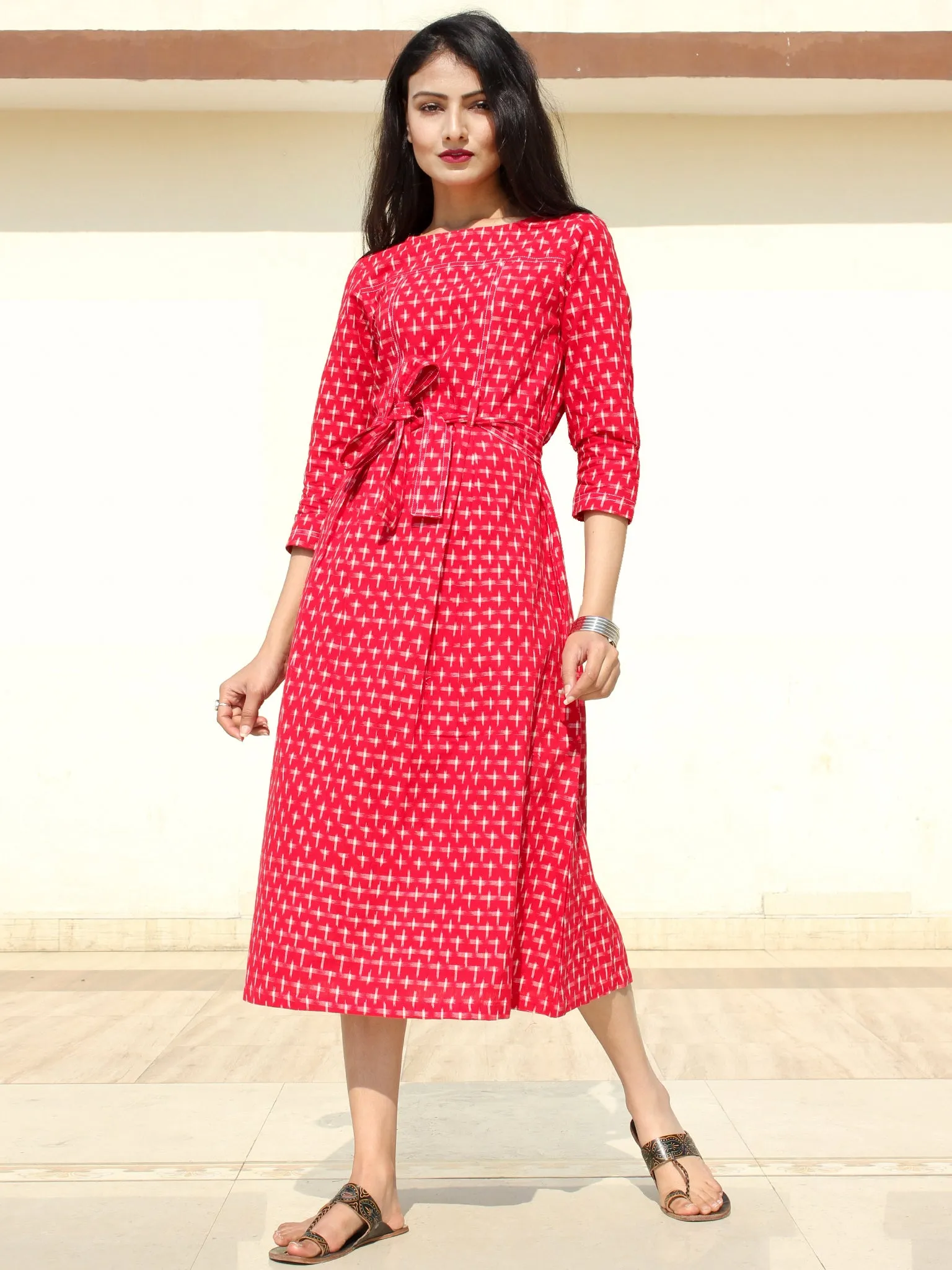 Naaz - Red White Double Ikat Cotton Midi Dress - D247F1948