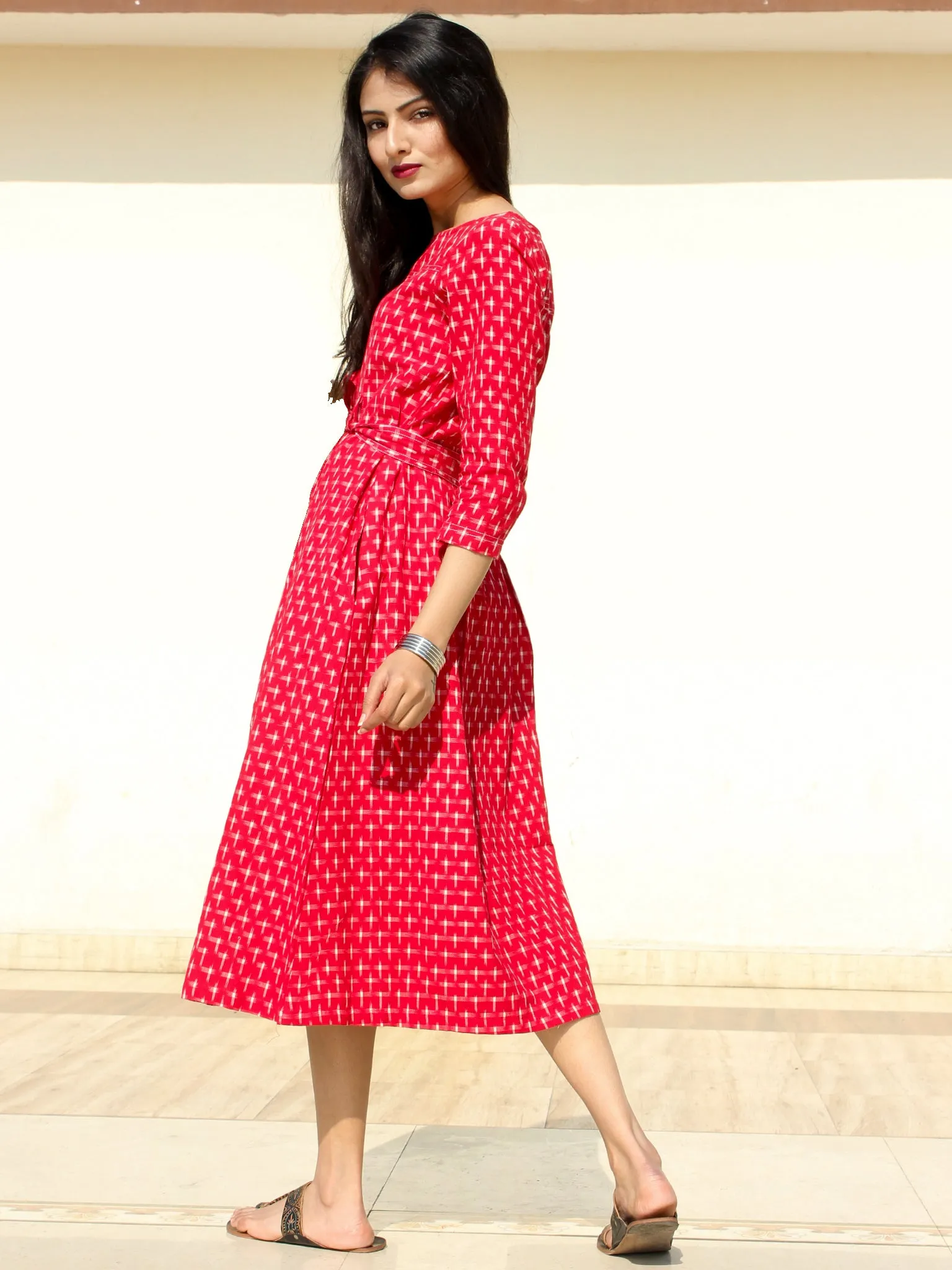 Naaz - Red White Double Ikat Cotton Midi Dress - D247F1948
