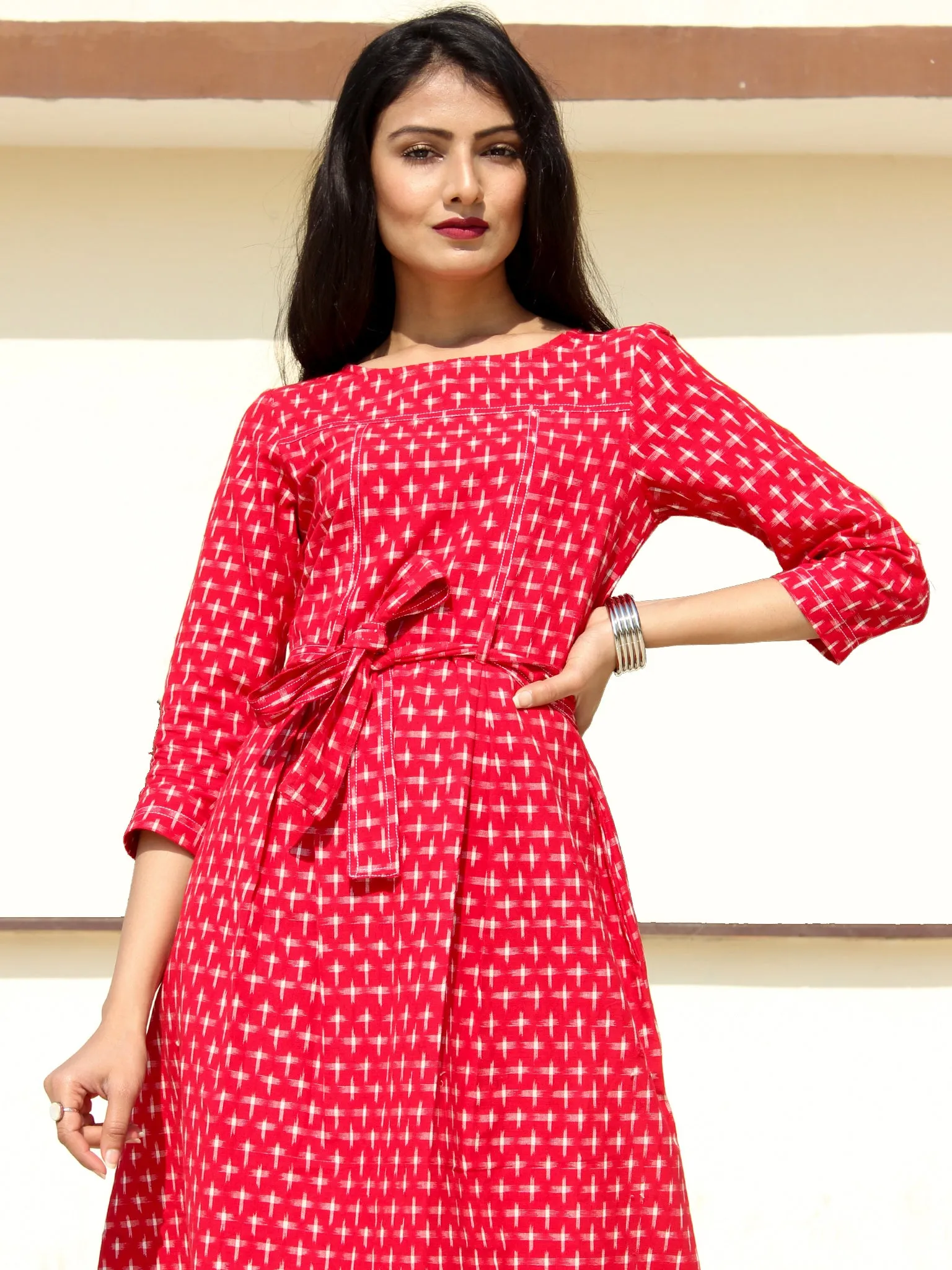Naaz - Red White Double Ikat Cotton Midi Dress - D247F1948