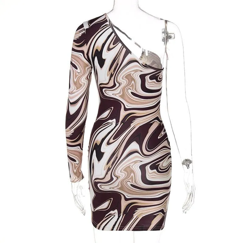 One shoulder irregular ripple hollow out cut out mini dress