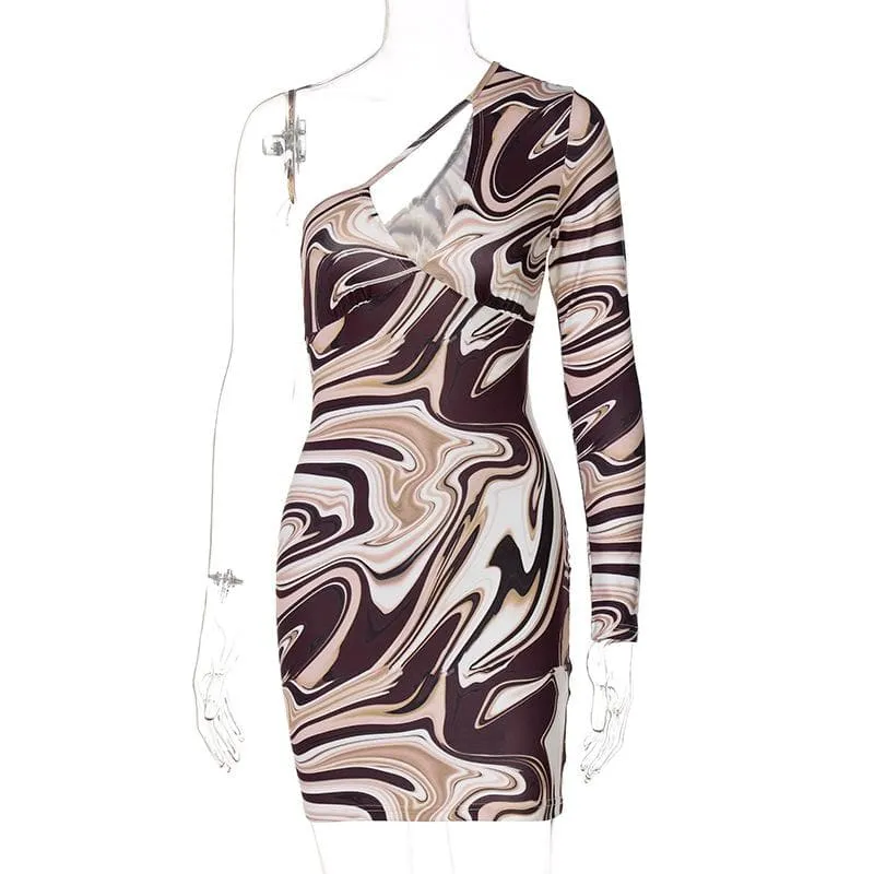 One shoulder irregular ripple hollow out cut out mini dress