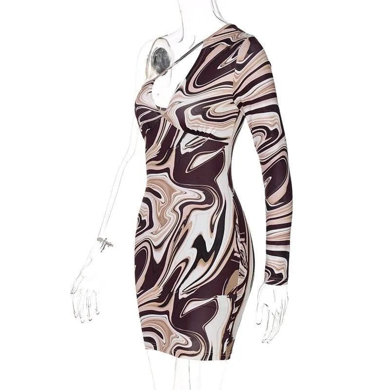 One shoulder irregular ripple hollow out cut out mini dress