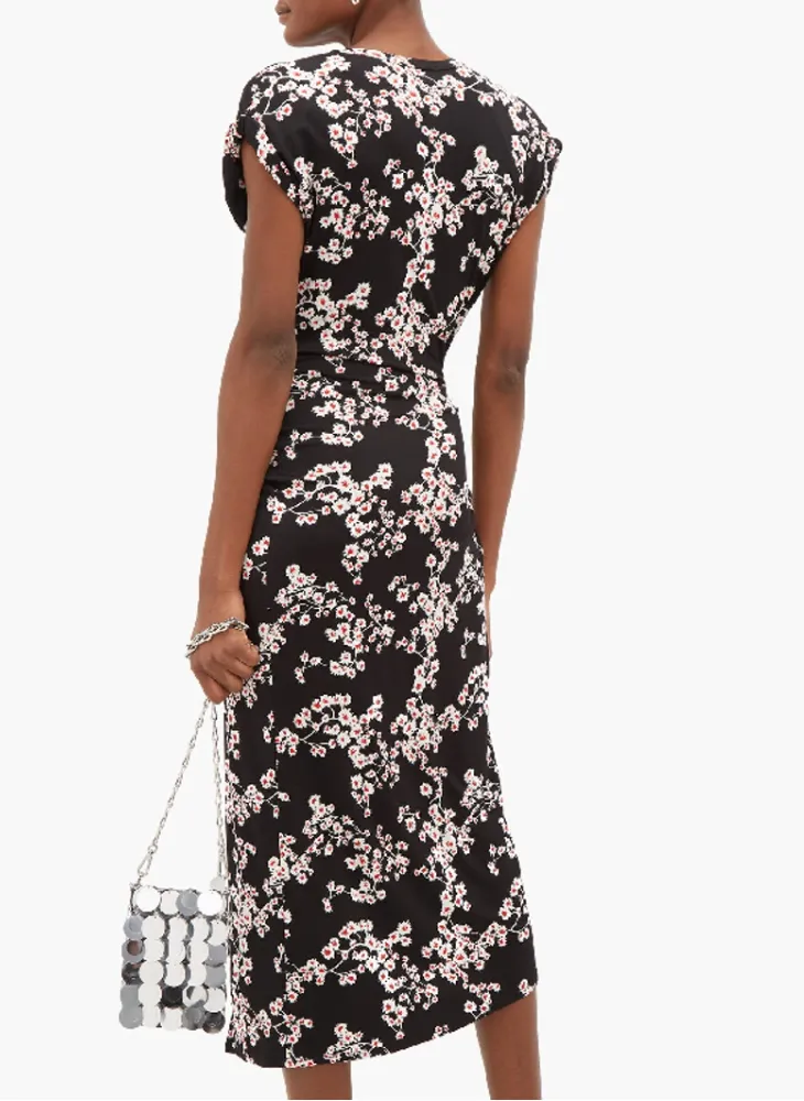 Paco Rabanne Floral Printed Draped Jersey Midi Dress