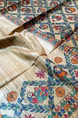 Pastel Madhubani Tussar Silk Saree Hand Painted