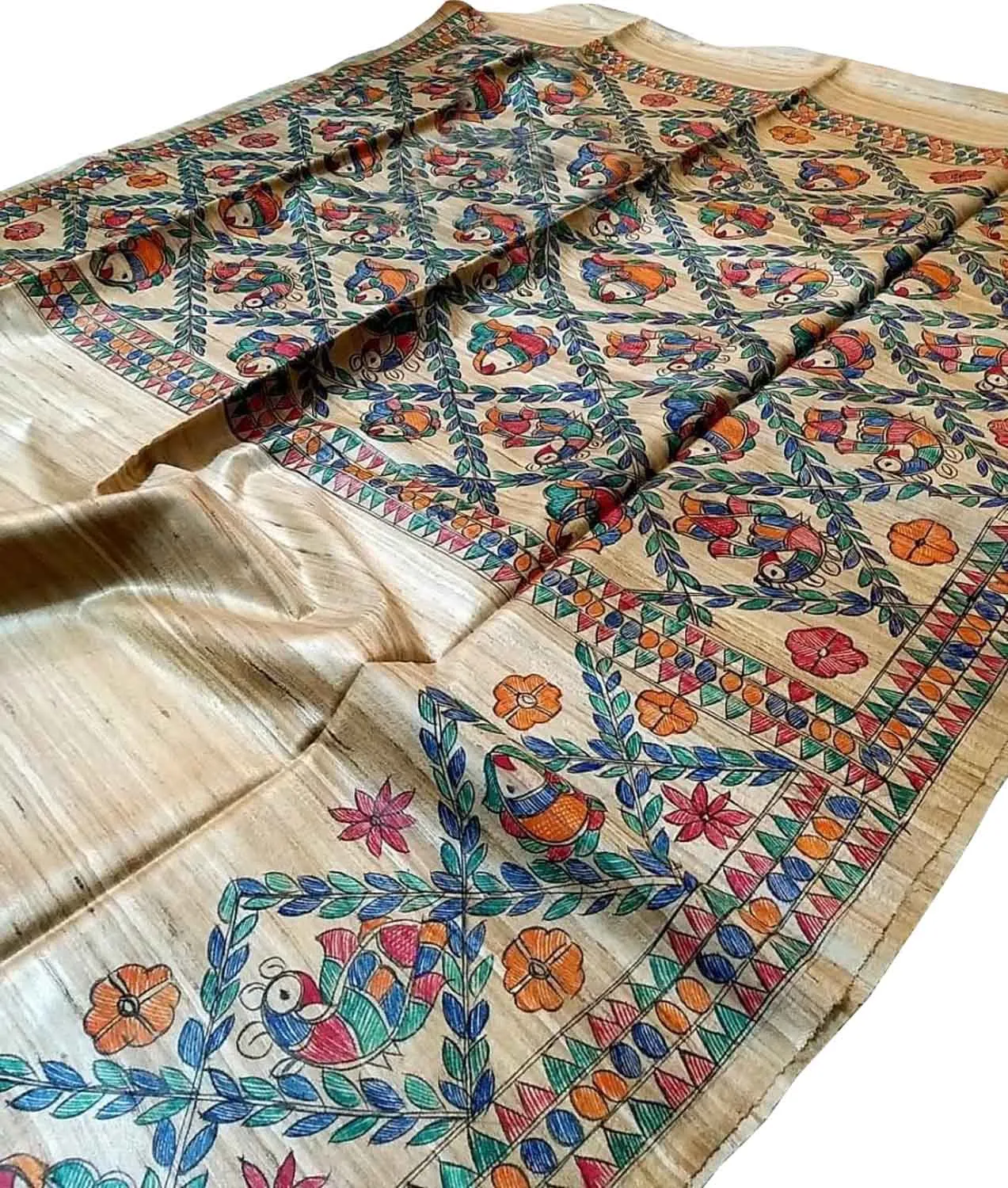 Pastel Madhubani Tussar Silk Saree Hand Painted