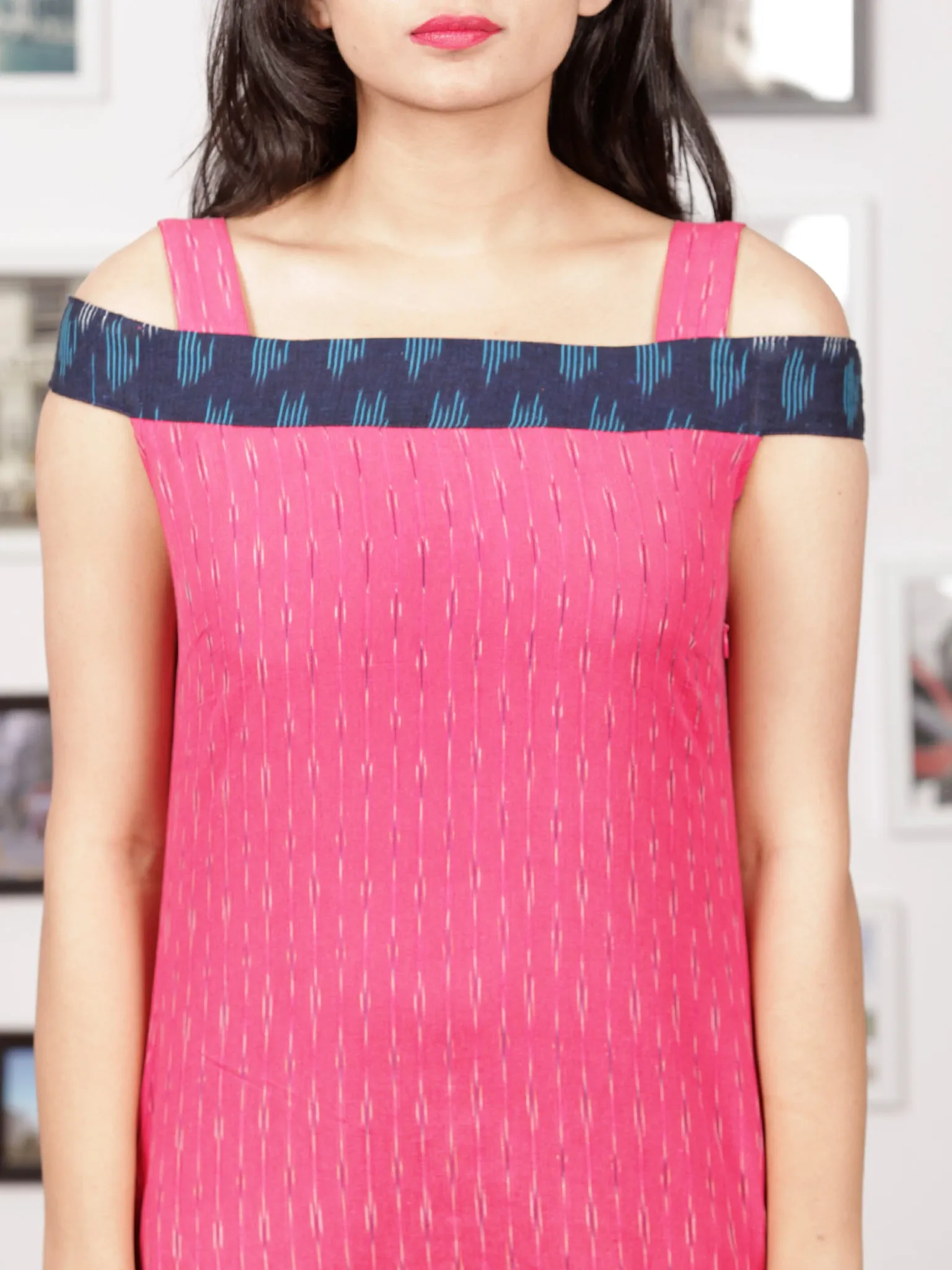 Pink Blue White Handwoven Ikat Off Shoulder Asymmetric Cotton Long Dress -  D283F1473