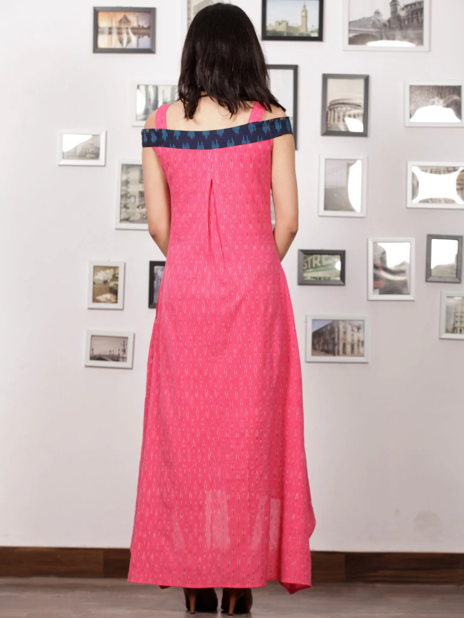 Pink Blue White Handwoven Ikat Off Shoulder Asymmetric Cotton Long Dress -  D283F1473