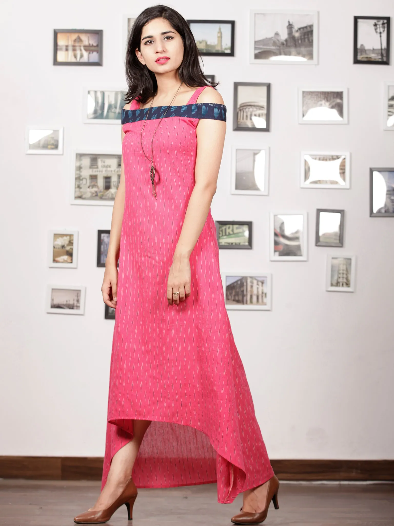Pink Blue White Handwoven Ikat Off Shoulder Asymmetric Cotton Long Dress -  D283F1473