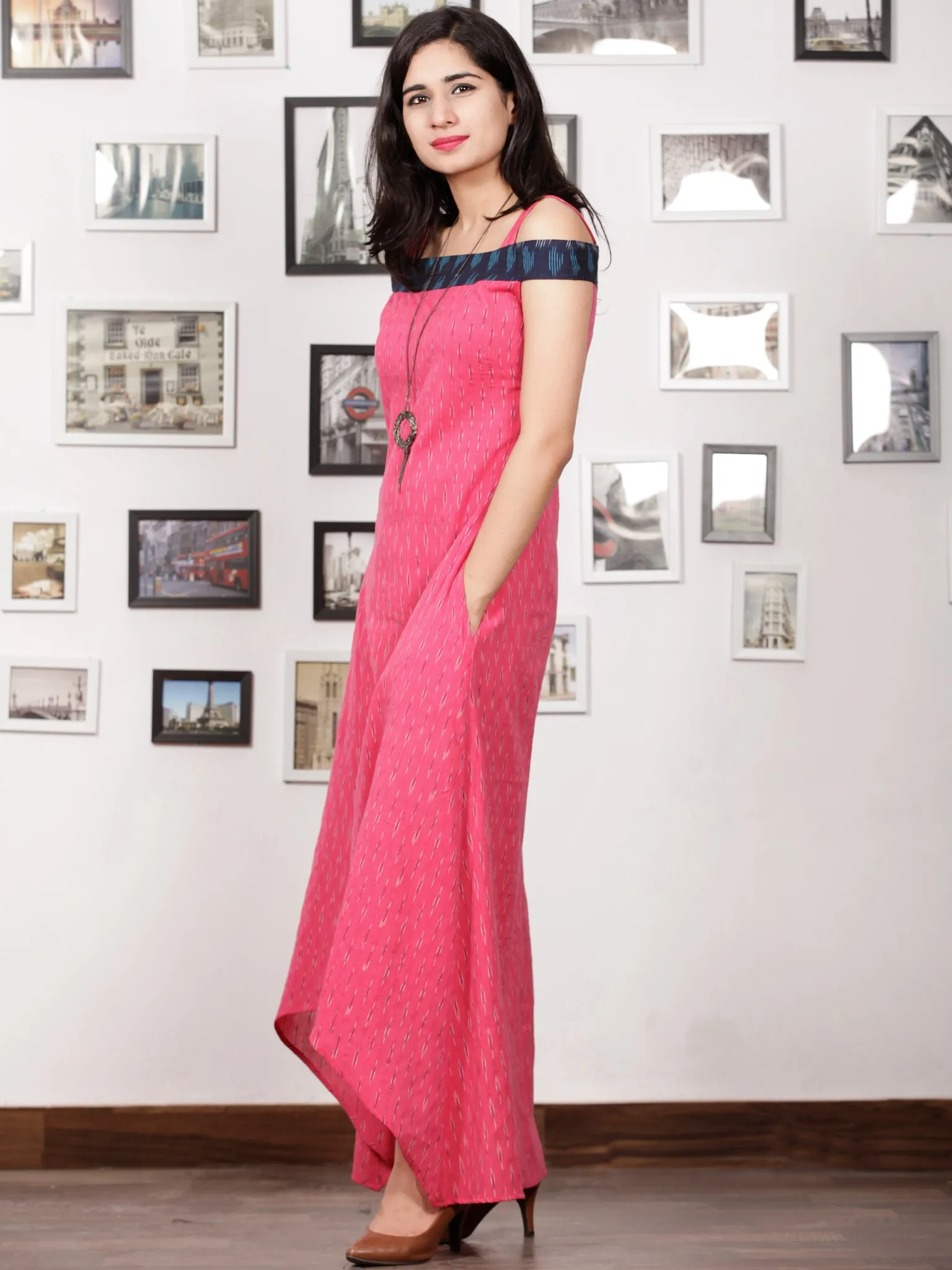 Pink Blue White Handwoven Ikat Off Shoulder Asymmetric Cotton Long Dress -  D283F1473