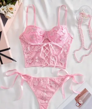 Pink Bustier Floral Lingerie Set