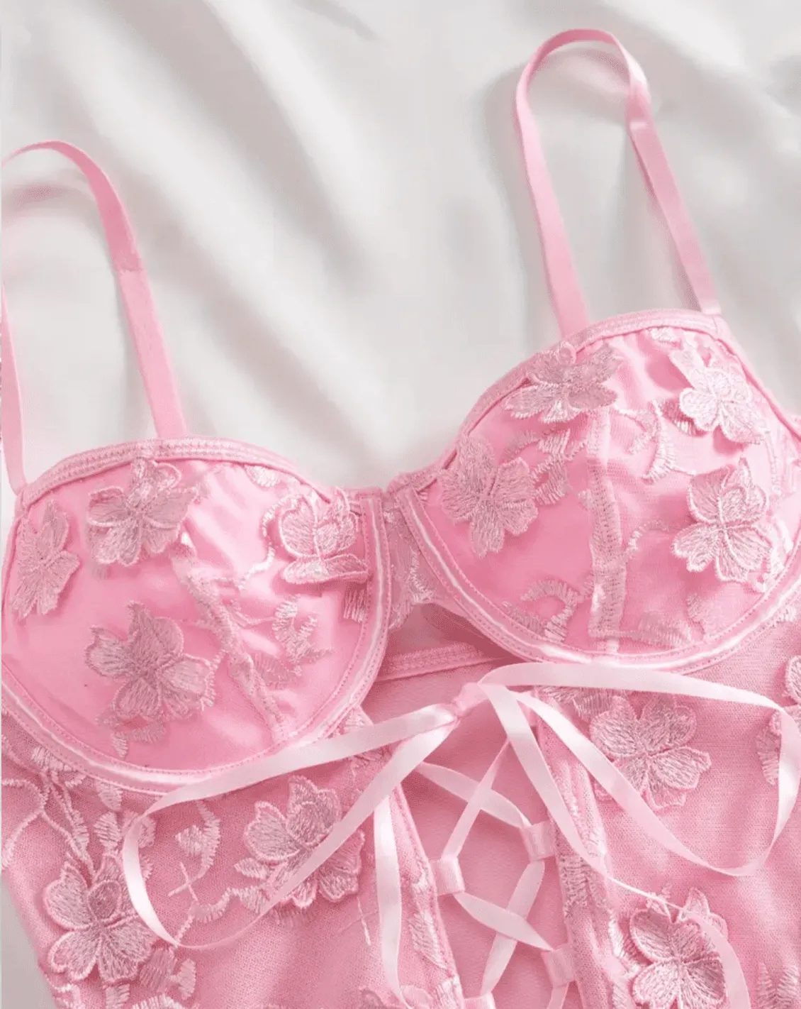 Pink Bustier Floral Lingerie Set
