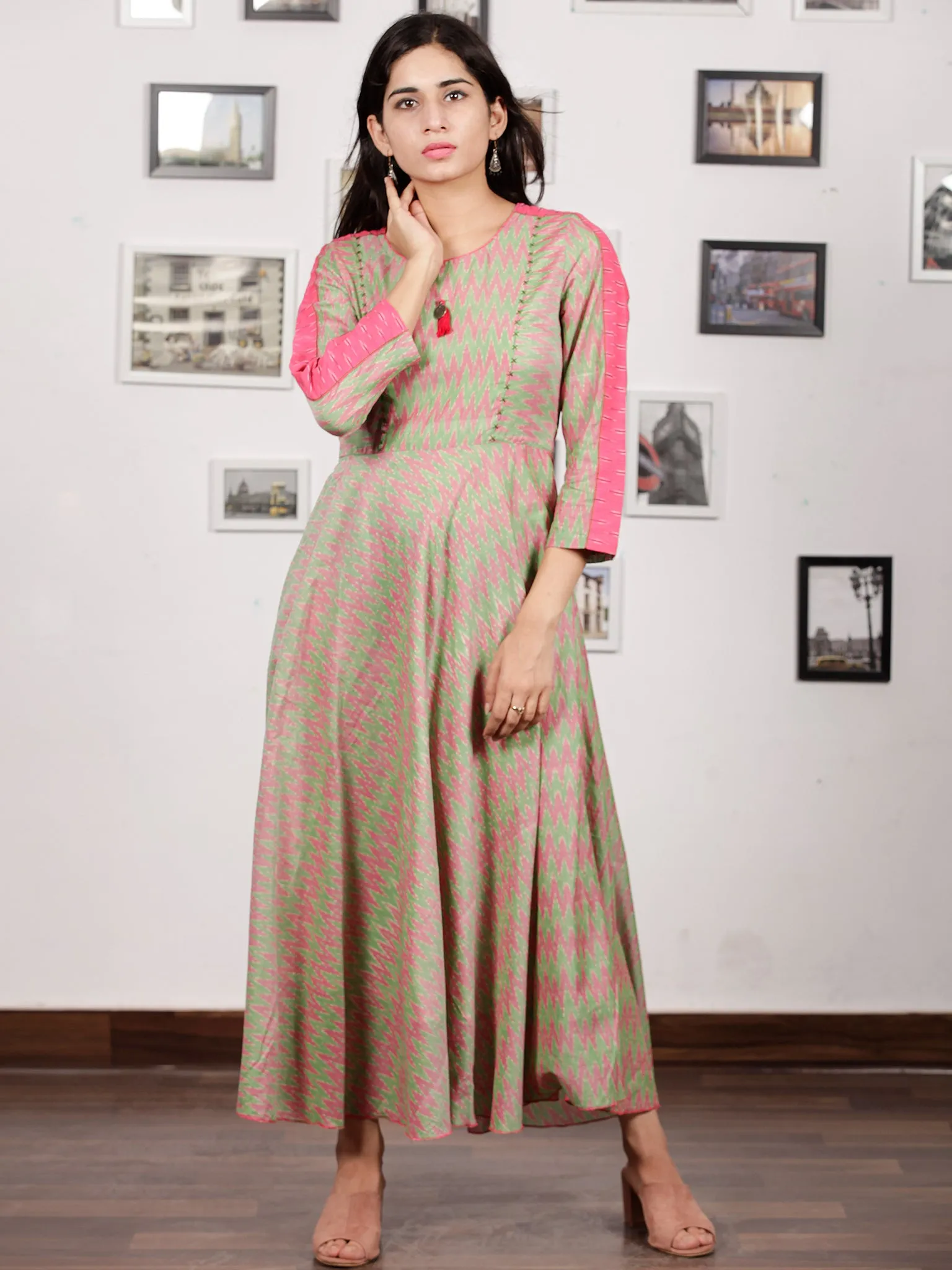 Pink Light Green Handloom Mercerised Ikat Long Cotton Dress - D315F1033