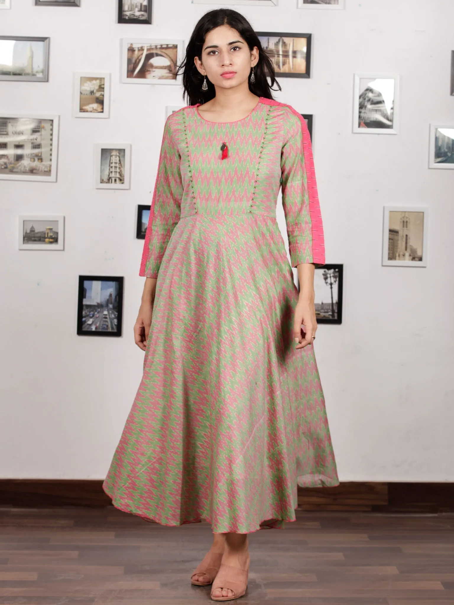 Pink Light Green Handloom Mercerised Ikat Long Cotton Dress - D315F1033