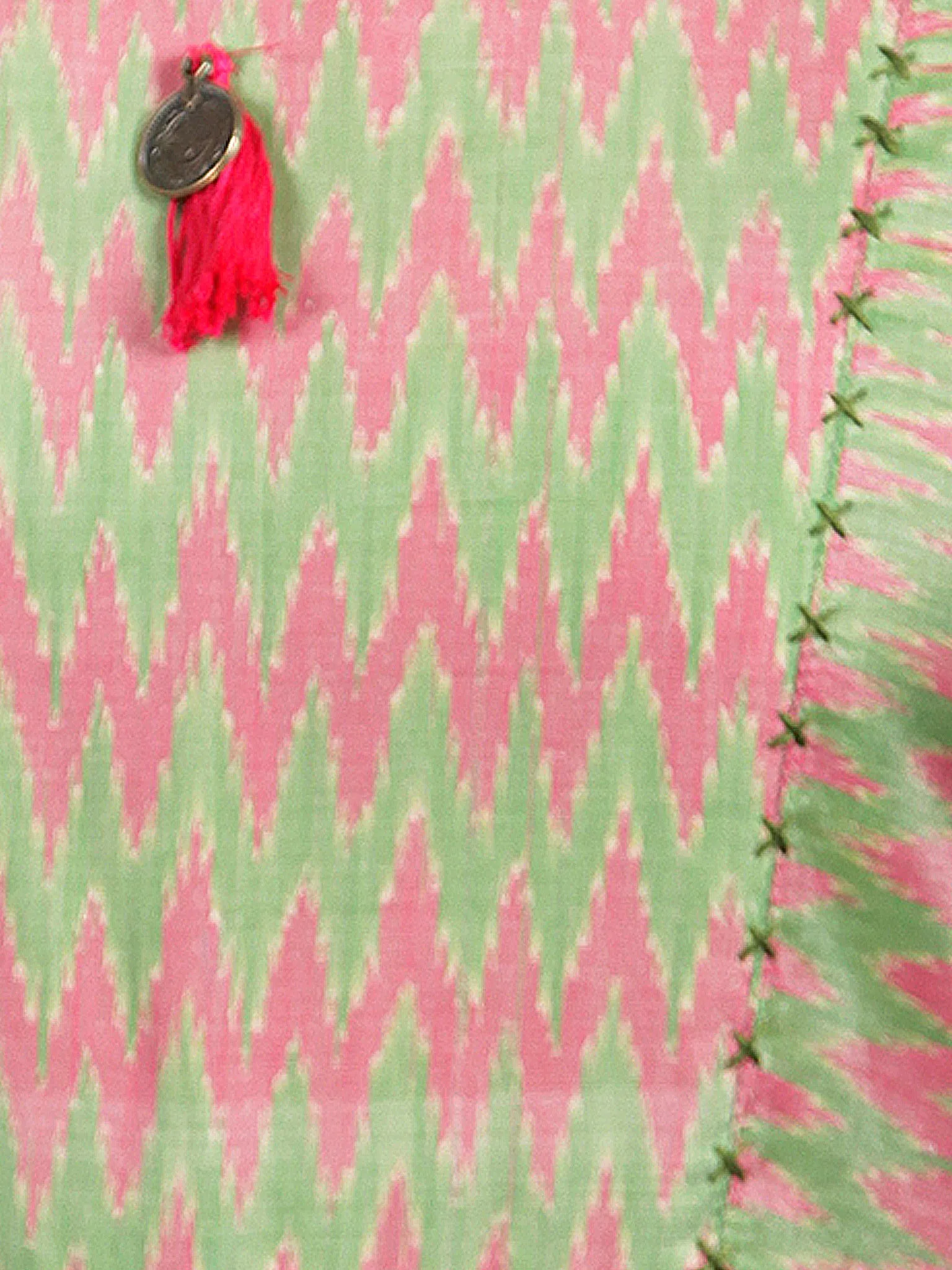 Pink Light Green Handloom Mercerised Ikat Long Cotton Dress - D315F1033