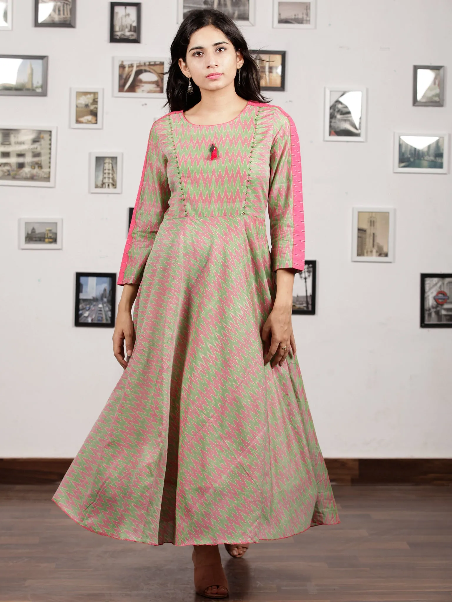 Pink Light Green Handloom Mercerised Ikat Long Cotton Dress - D315F1033