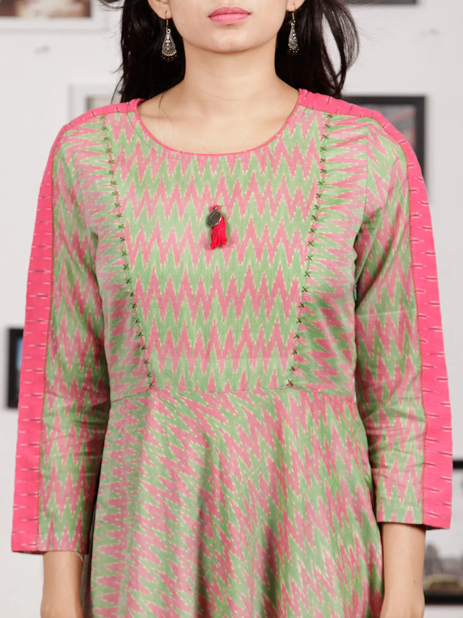 Pink Light Green Handloom Mercerised Ikat Long Cotton Dress - D315F1033