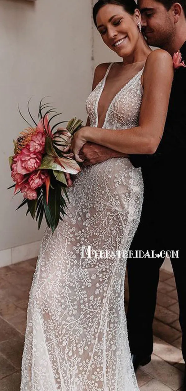 Popular V-neck Long Cheap Mermaid Open Back Wedding Dresses, TYP0019
