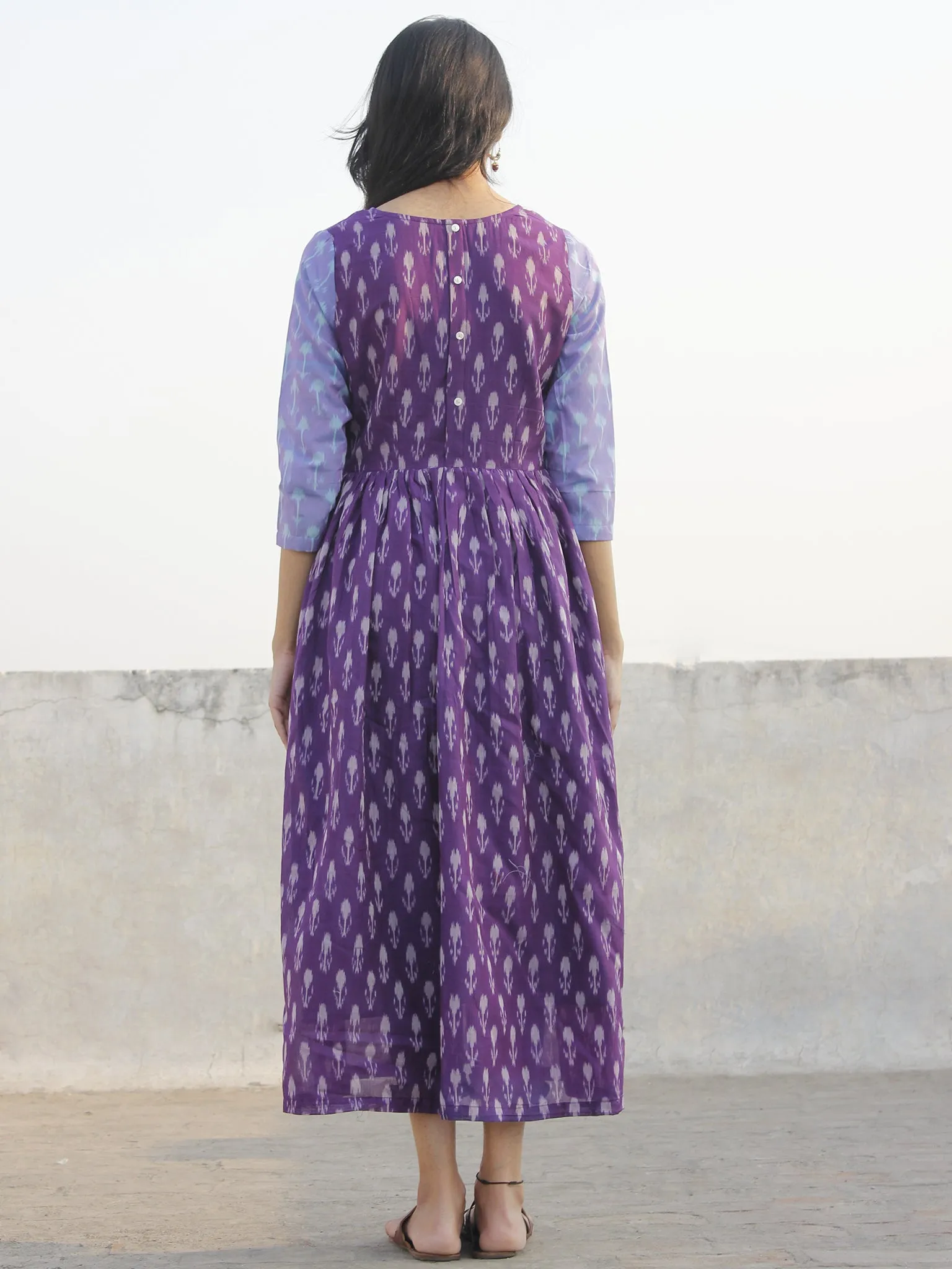 Purple Ivory Blue Hand Woven Mercerized Cotton Ikat Dress With Pockets - D173F1032