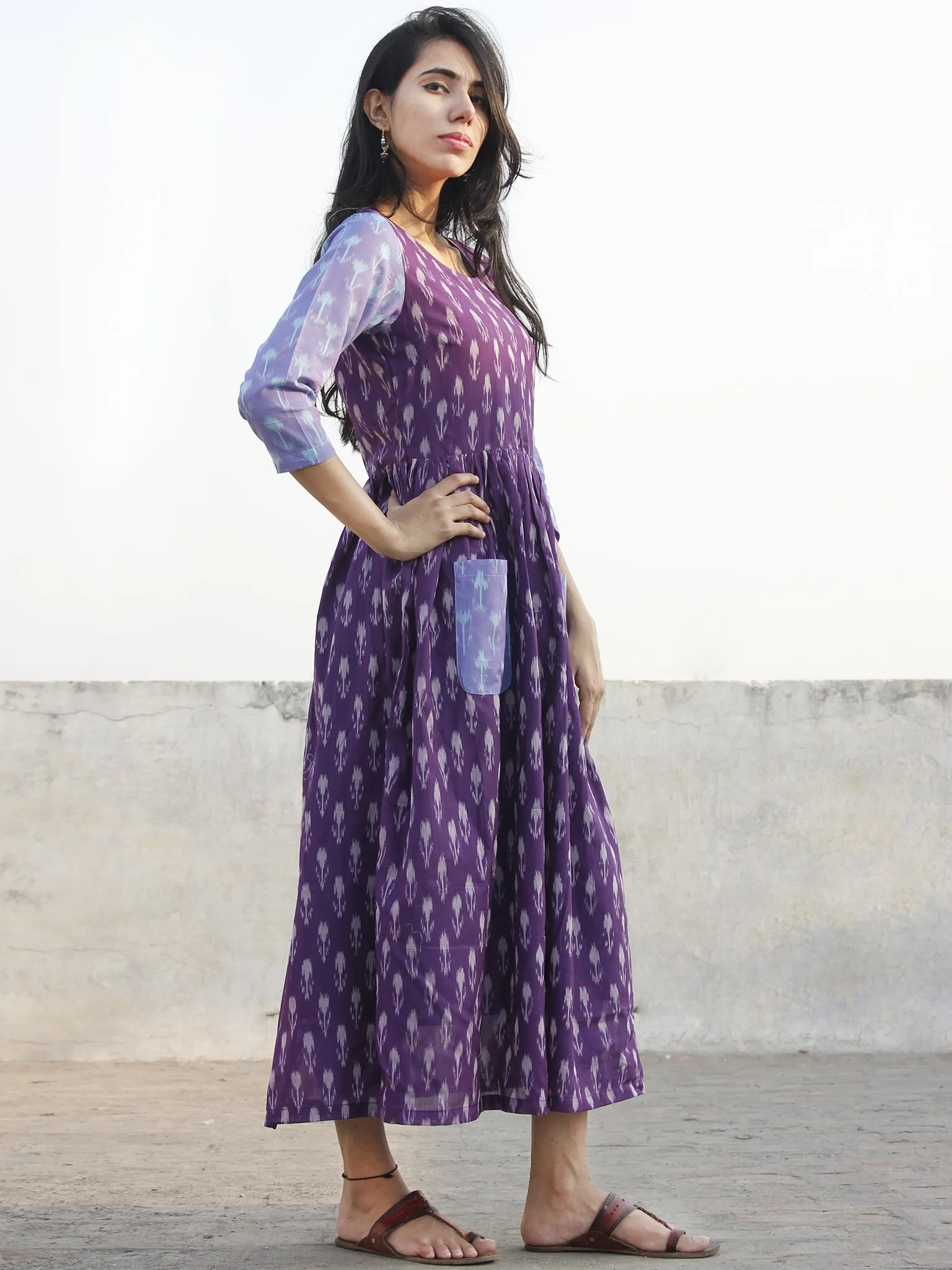 Purple Ivory Blue Hand Woven Mercerized Cotton Ikat Dress With Pockets - D173F1032