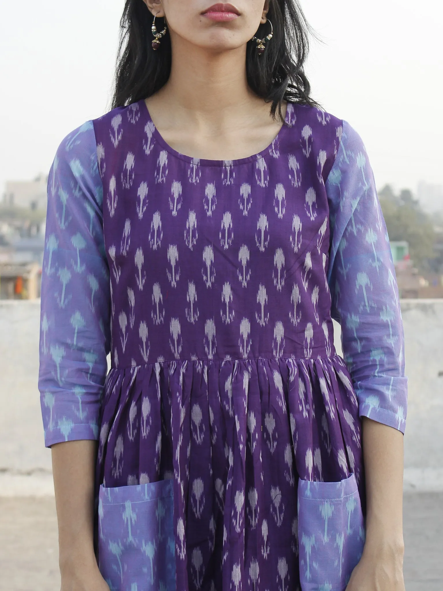 Purple Ivory Blue Hand Woven Mercerized Cotton Ikat Dress With Pockets - D173F1032
