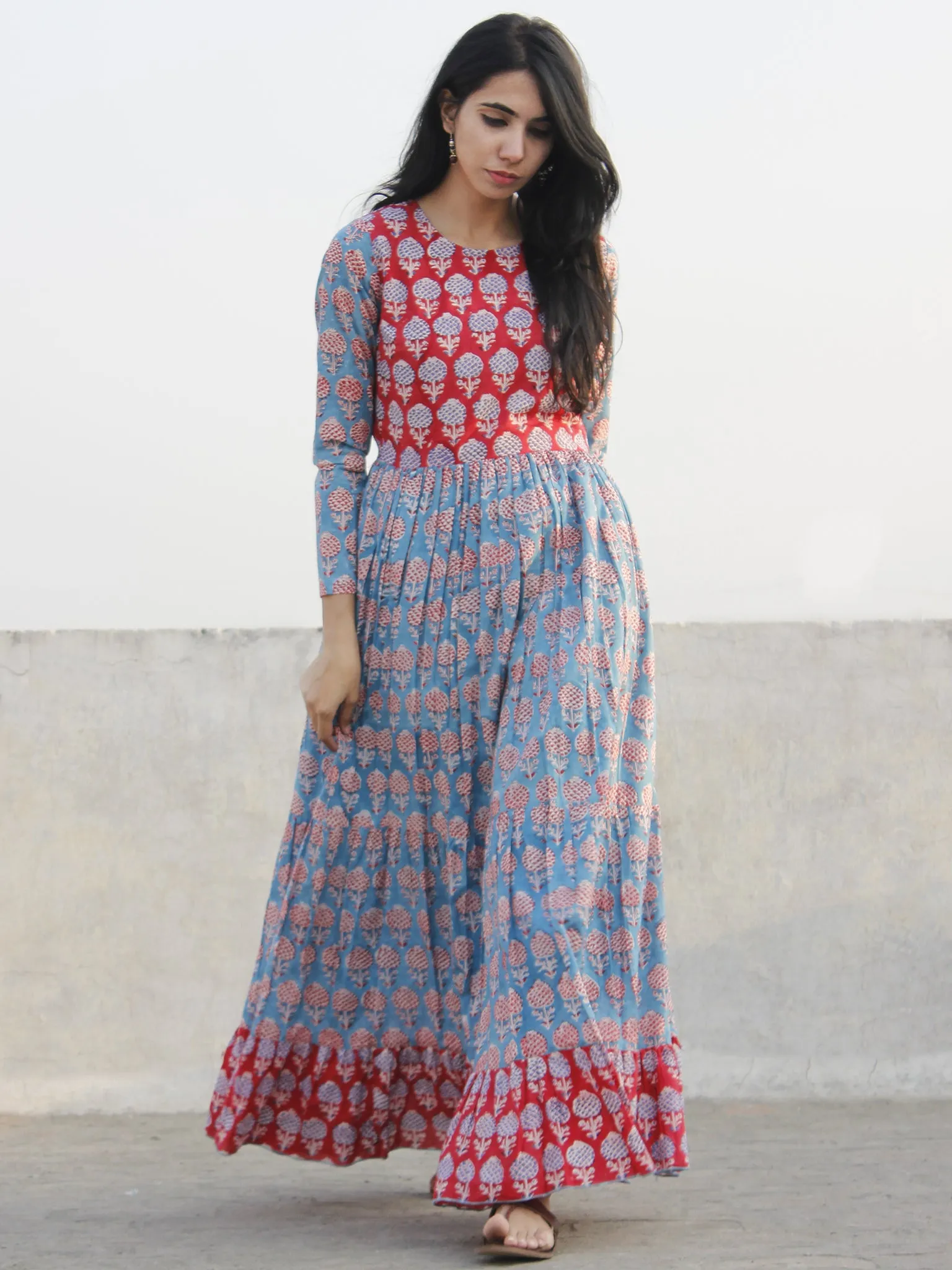 Red Blue Ivory Hand Block Printed Long Cotton Tier Dress -  D172F543