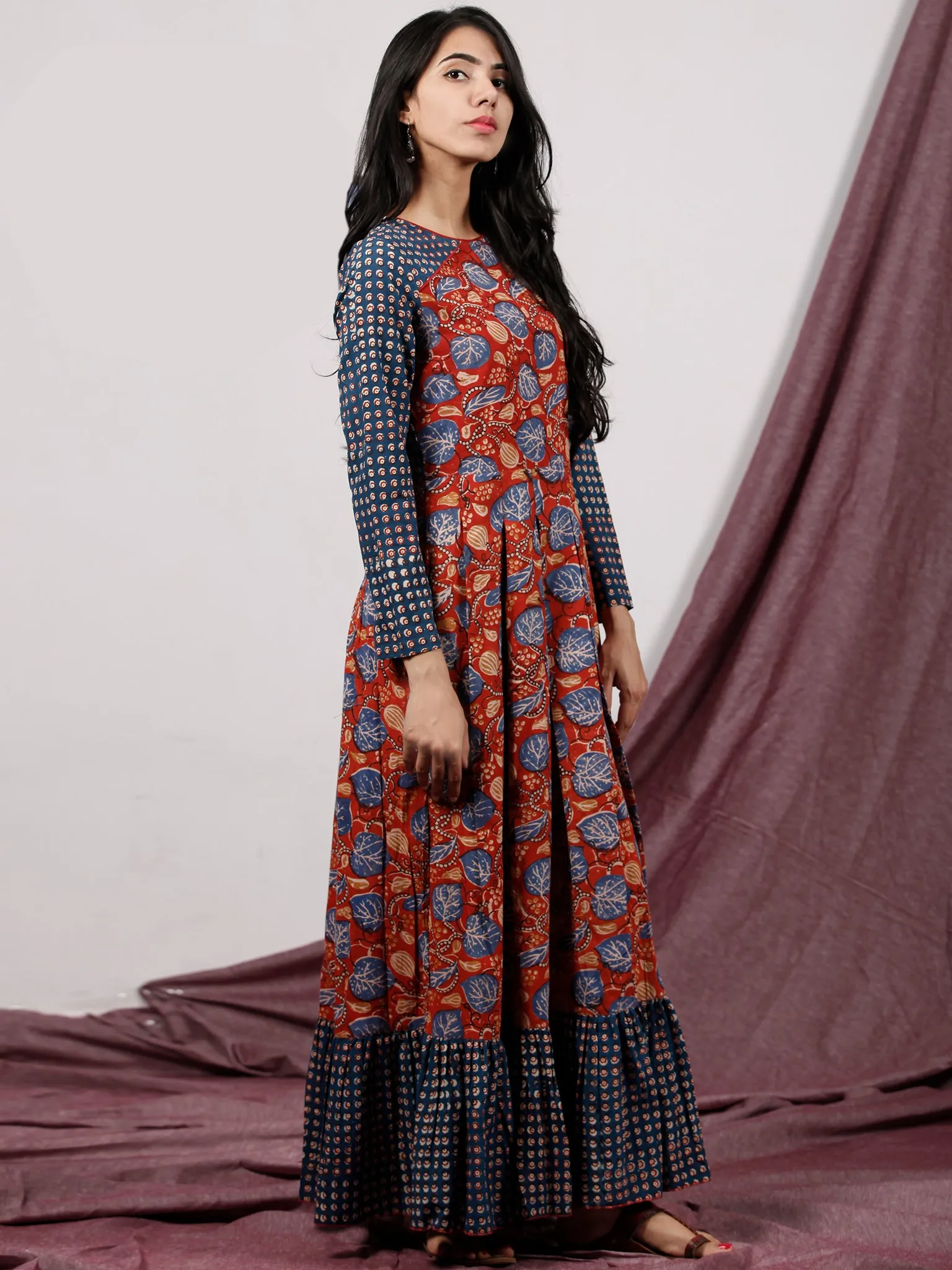 Red Indigo Ivory Hand Block Printed Long Cotton Dress With Box Pleats - D184F1310