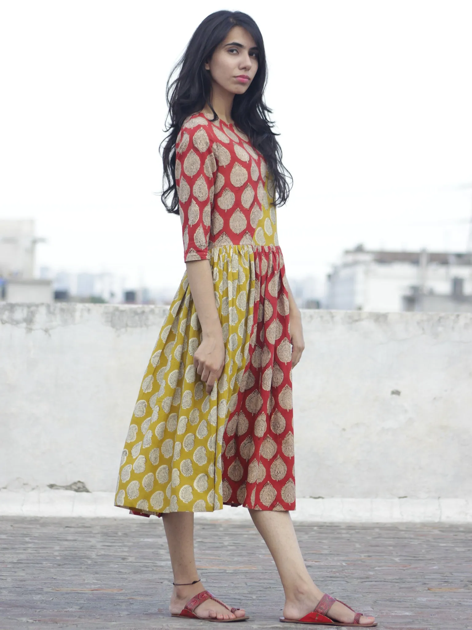 Red Mustard Black Ivory Hand Block Printed Cotton  Midi Dress - D100F890
