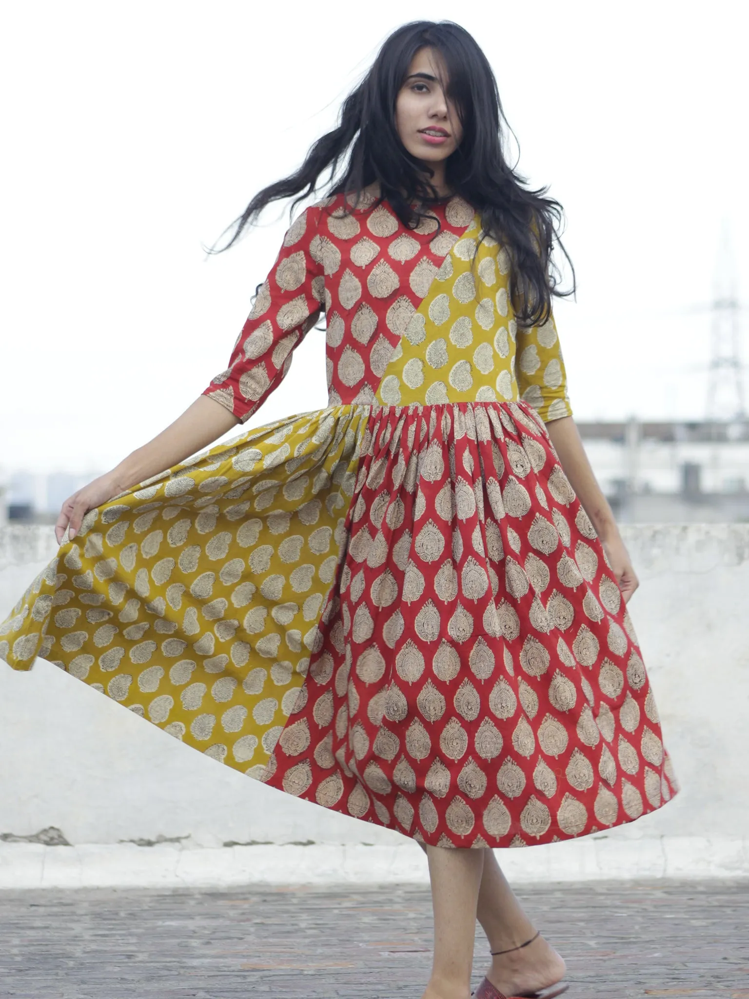 Red Mustard Black Ivory Hand Block Printed Cotton  Midi Dress - D100F890