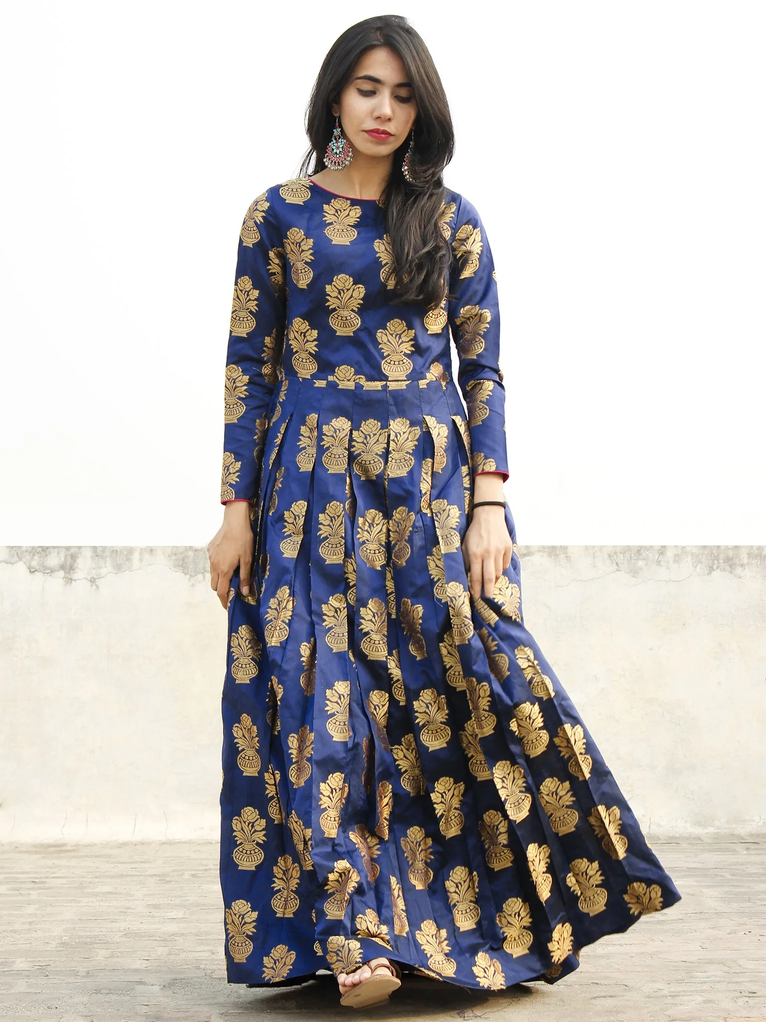 Royal Blue Golden Long Floor Length Dress With Box Pleats - D133F001