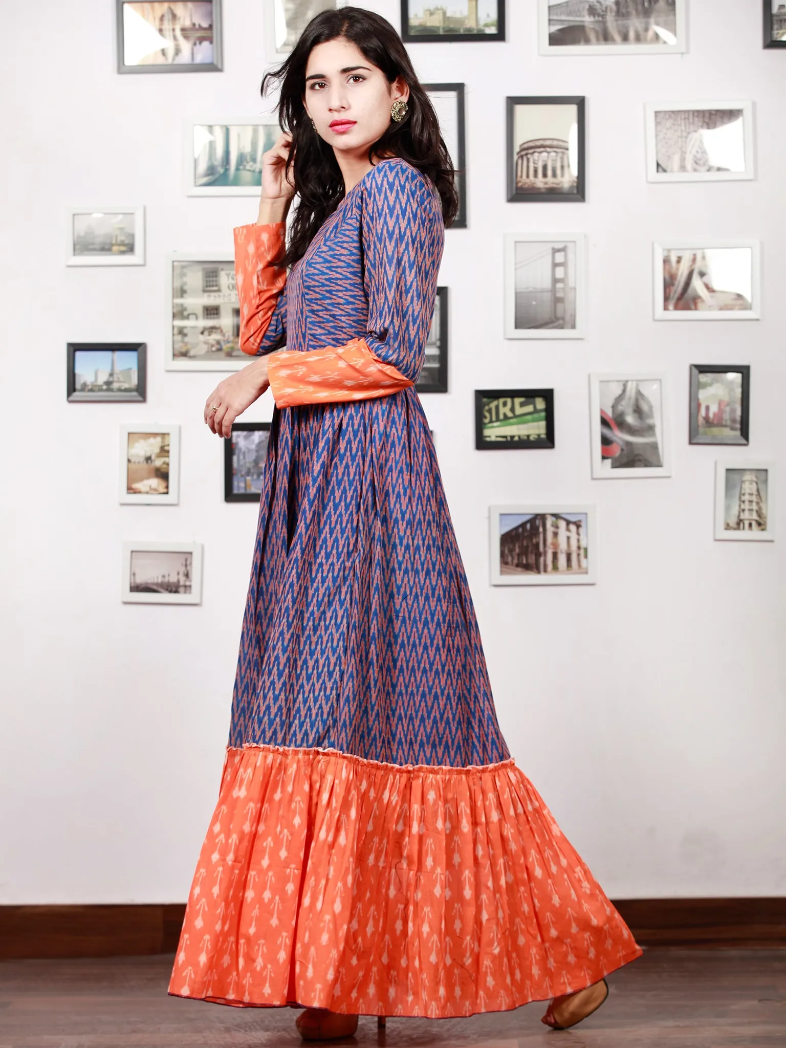 Royal Blue Orange Hand Woven Cotton Mercerized  Ikat Princess Cut Cotton Long Tier Dress - D175F1276