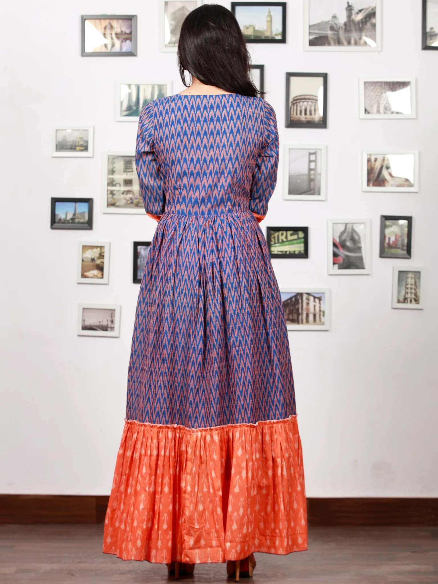 Royal Blue Orange Hand Woven Cotton Mercerized  Ikat Princess Cut Cotton Long Tier Dress - D175F1276