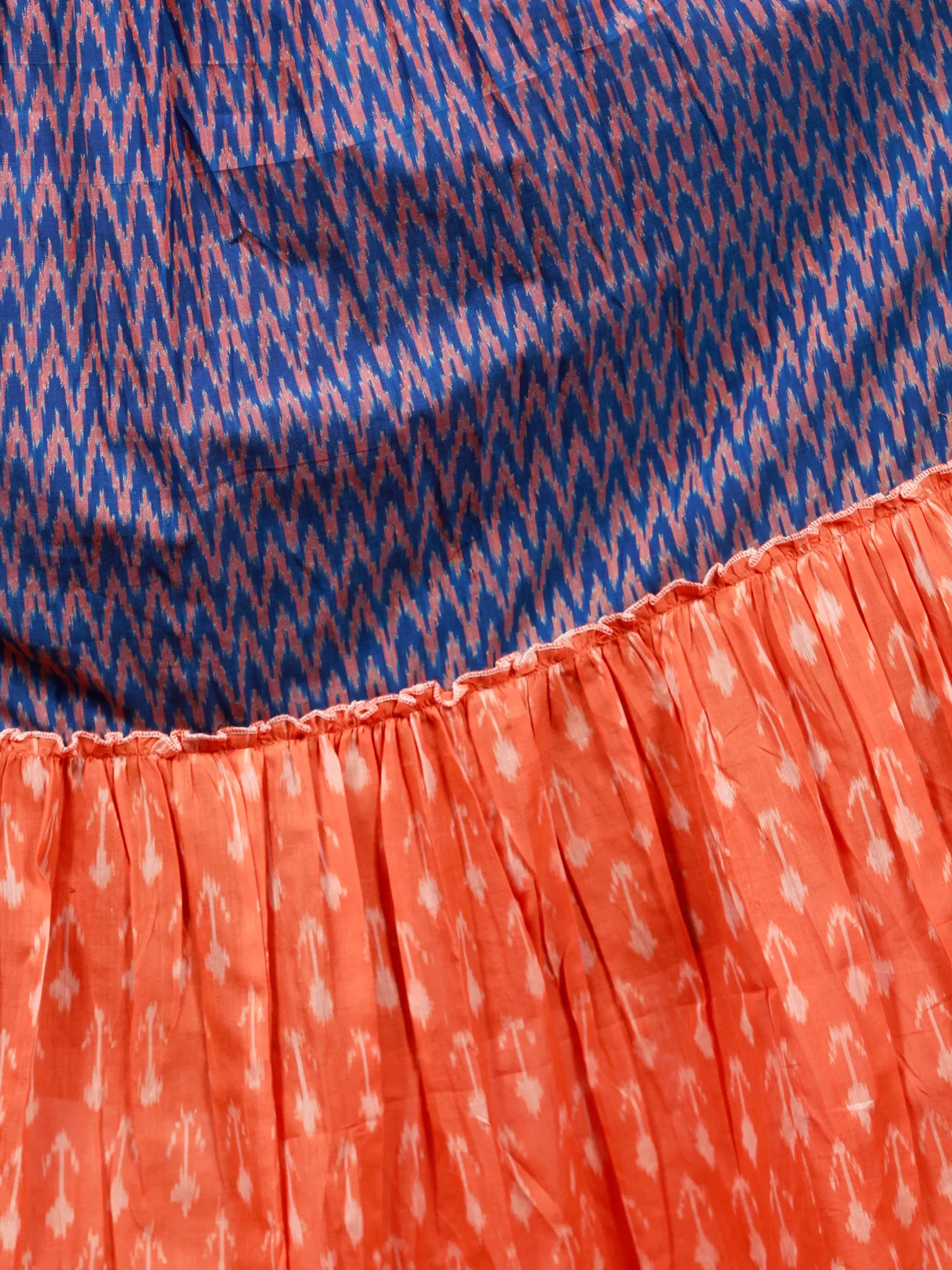 Royal Blue Orange Hand Woven Cotton Mercerized  Ikat Princess Cut Cotton Long Tier Dress - D175F1276