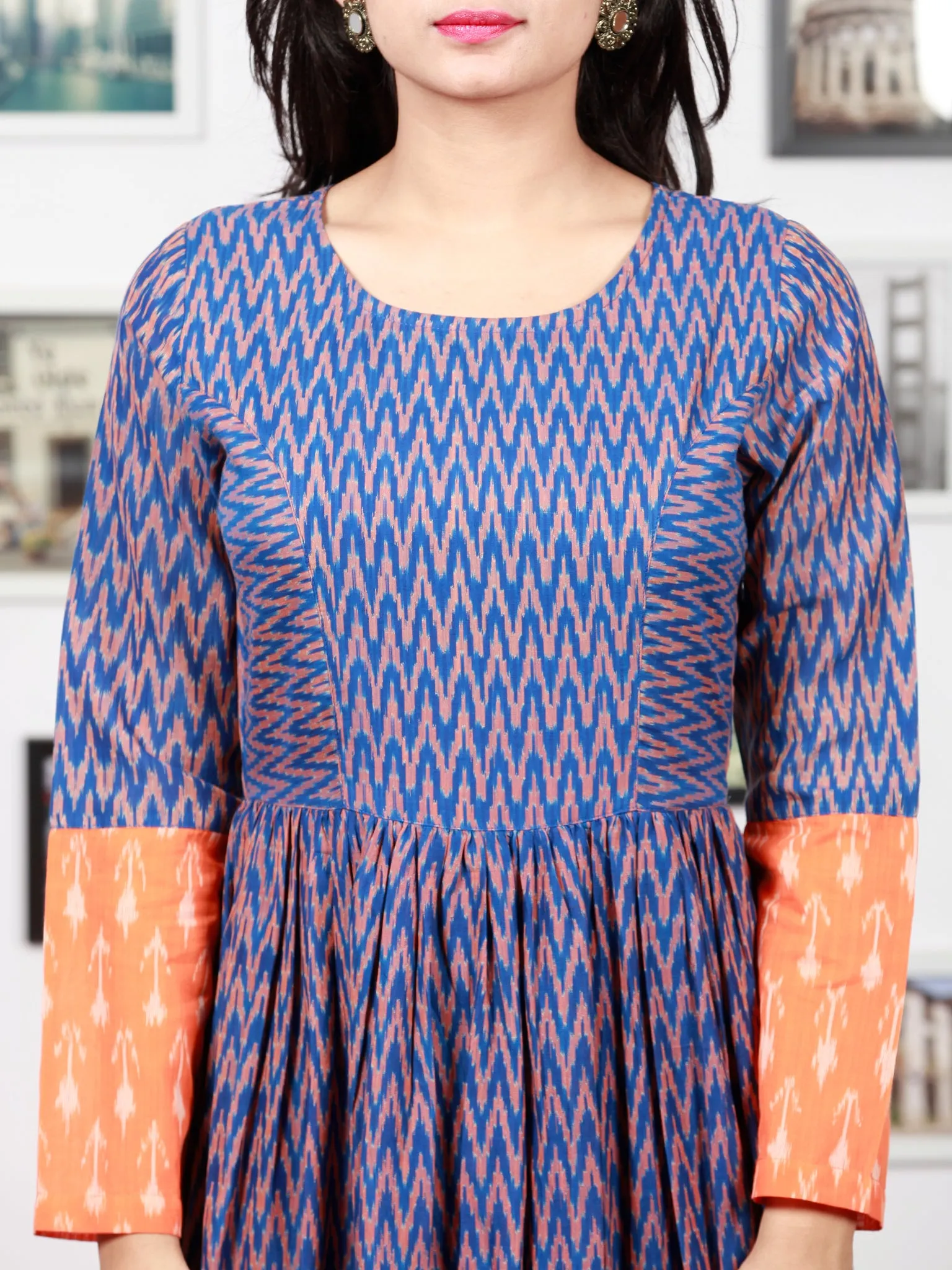 Royal Blue Orange Hand Woven Cotton Mercerized  Ikat Princess Cut Cotton Long Tier Dress - D175F1276