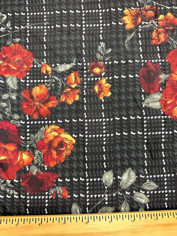 Rust Floral Plaid Print Poly Chiffon Fabric