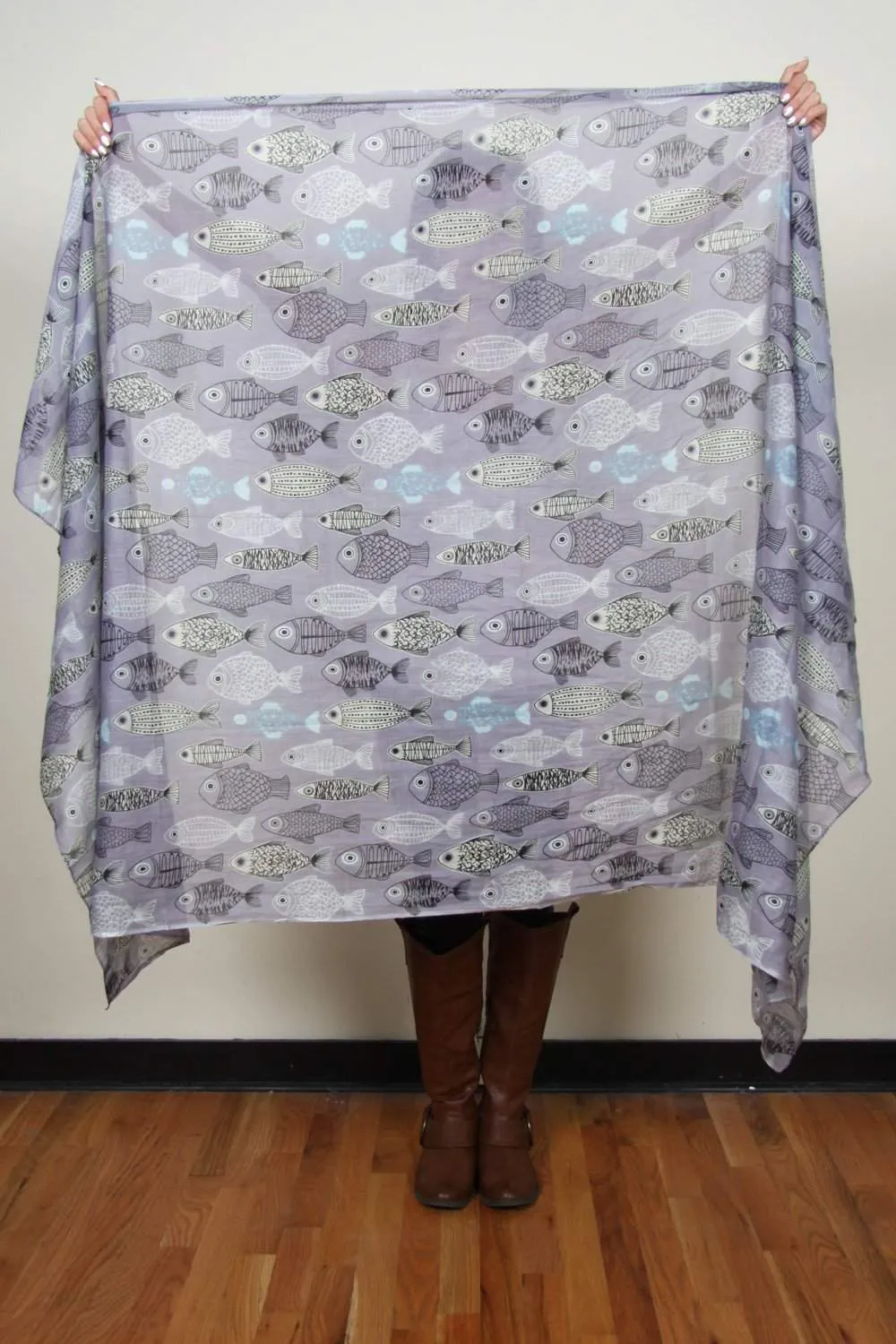 Scarf / Gray Periwinkle Purple / Fish Print / Unisex